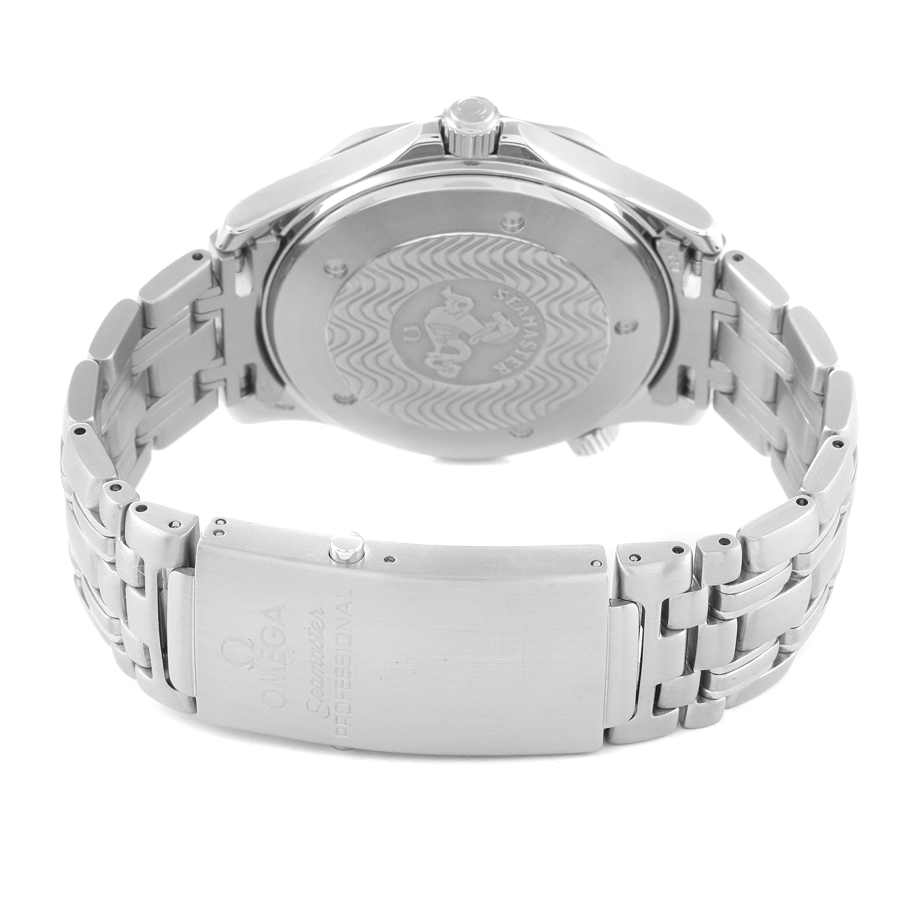 The image shows the Omega Seamaster 2531.80.00 Men's Stainless Steel Blue Dial 2531.80.00 Men's Stainless Steel Blue Dial watch from a backside angle, highlighting the case back and bracelet with the clasp.