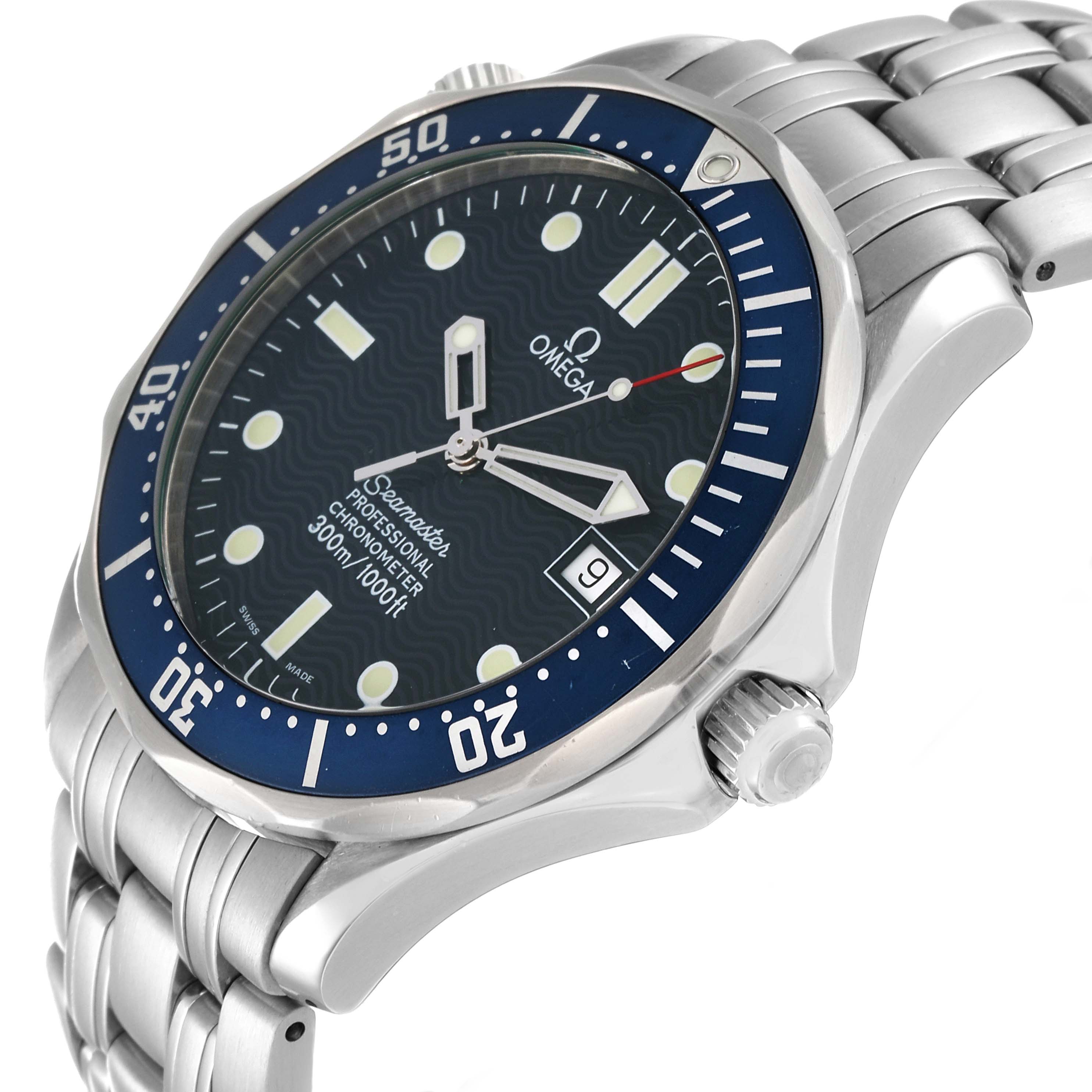 The Omega Seamaster 2531.80.00 Men's Stainless Steel Blue Dial 2531.80.00 Men's Stainless Steel Blue Dial watch is shown at a slight angle, highlighting the face, bezel, crown, and metal bracelet.