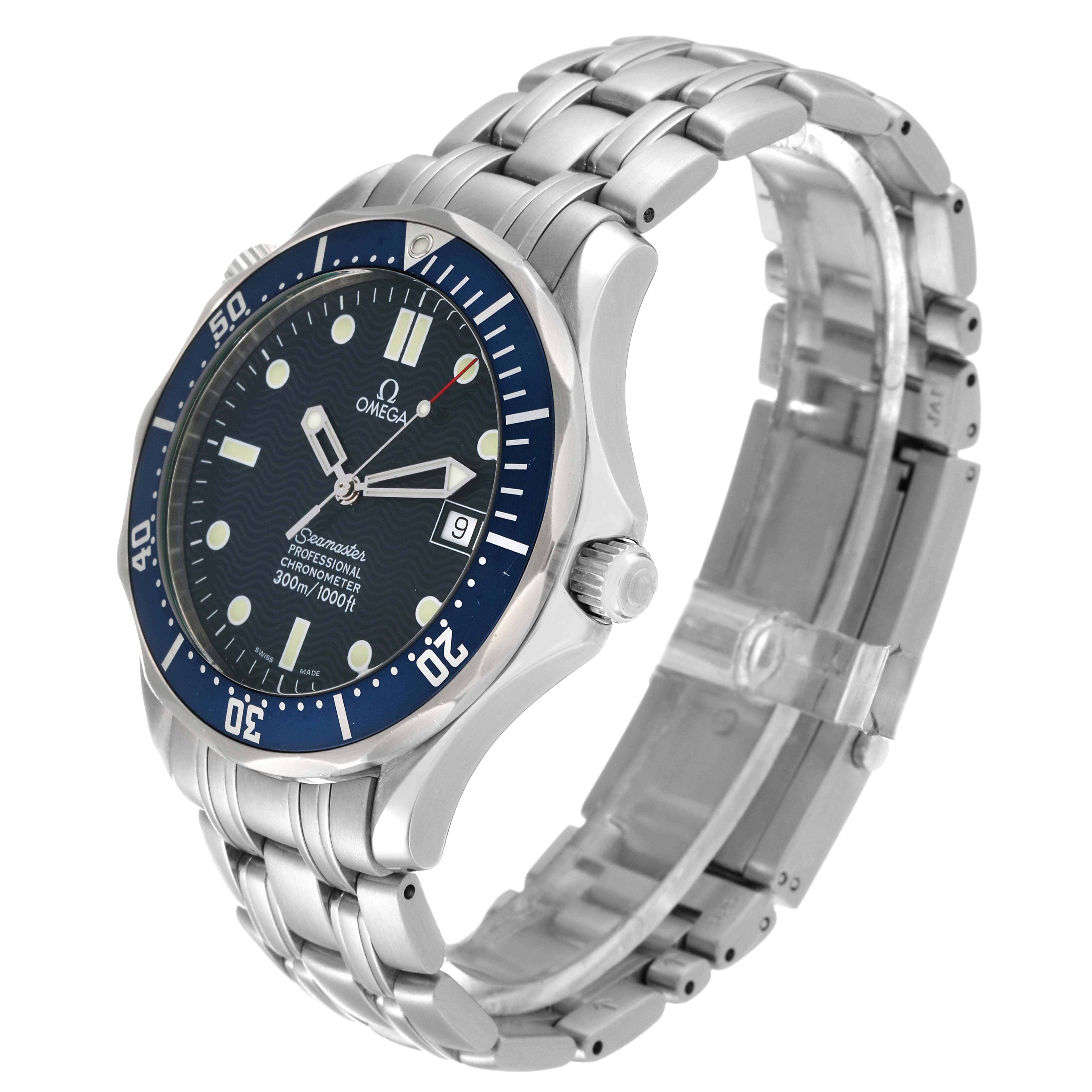 The Omega Seamaster 2531.80.00 Men's Stainless Steel Blue Dial 2531.80.00 Men's Stainless Steel Blue Dial model is shown at an angle highlighting its face, bezel, crown, and stainless steel bracelet.