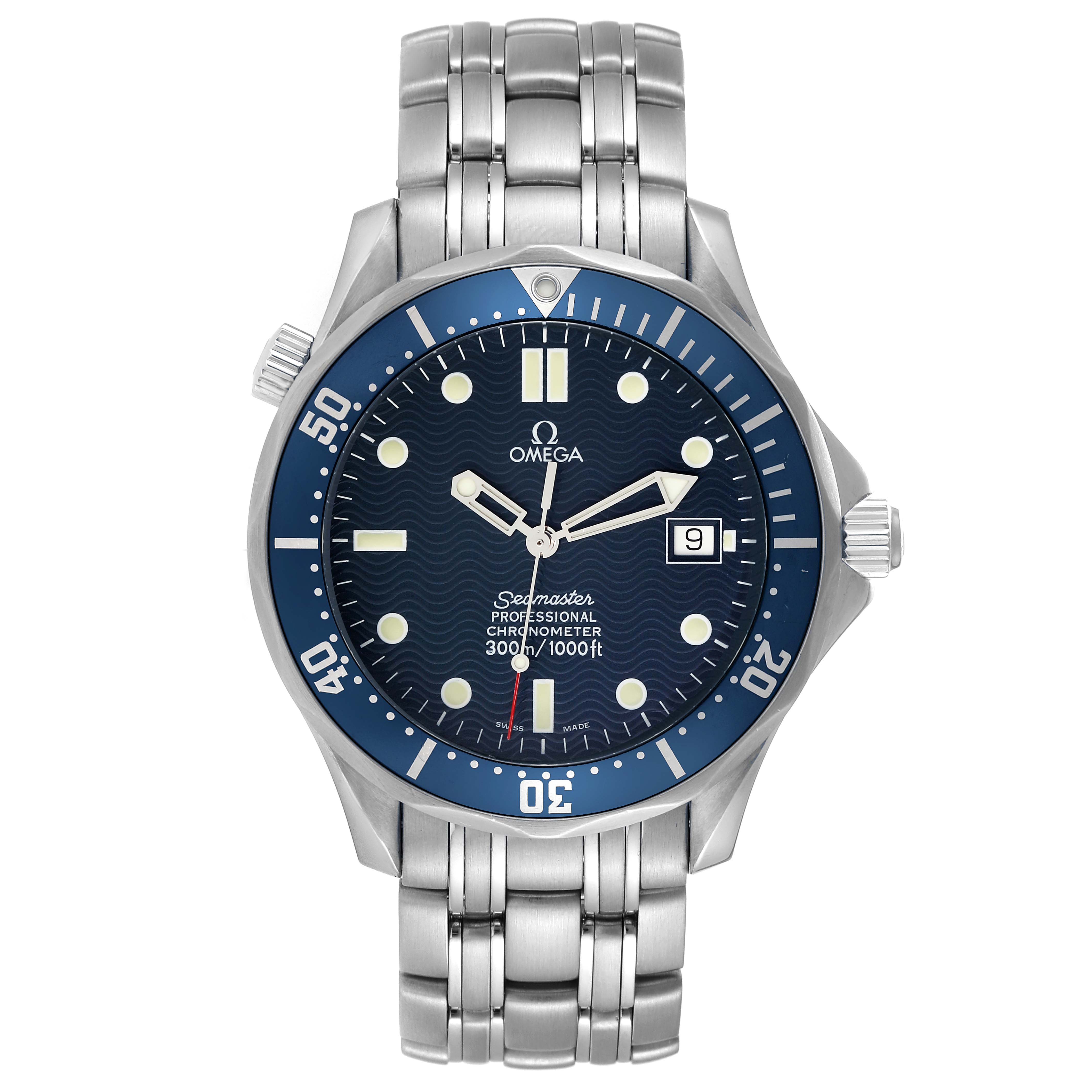 The Omega Seamaster 2531.80.00 Men's Stainless Steel Blue Dial 2531.80.00 Men's Stainless Steel Blue Dial watch is shown from the front, displaying its dial, bezel, bracelet, and crown.