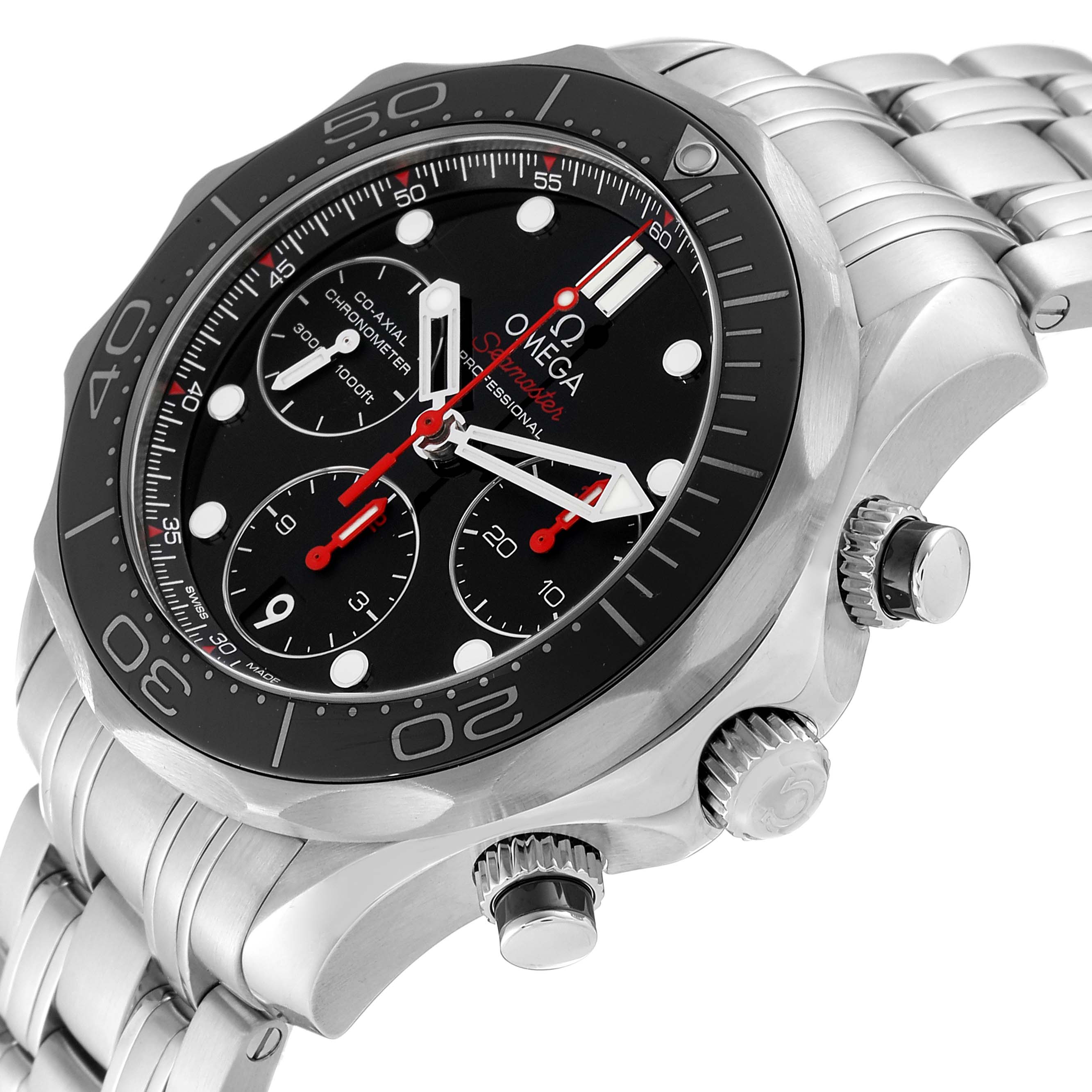 The image shows a close-up angle of the Omega Seamaster 212.30.42.50.01.001 Men
s Stainless Steel Black Dial 212.30.42.50.01.001 Men
s Stainless Steel Black Dial watch displaying its face, bezel, crown, and a portion of its bracelet.