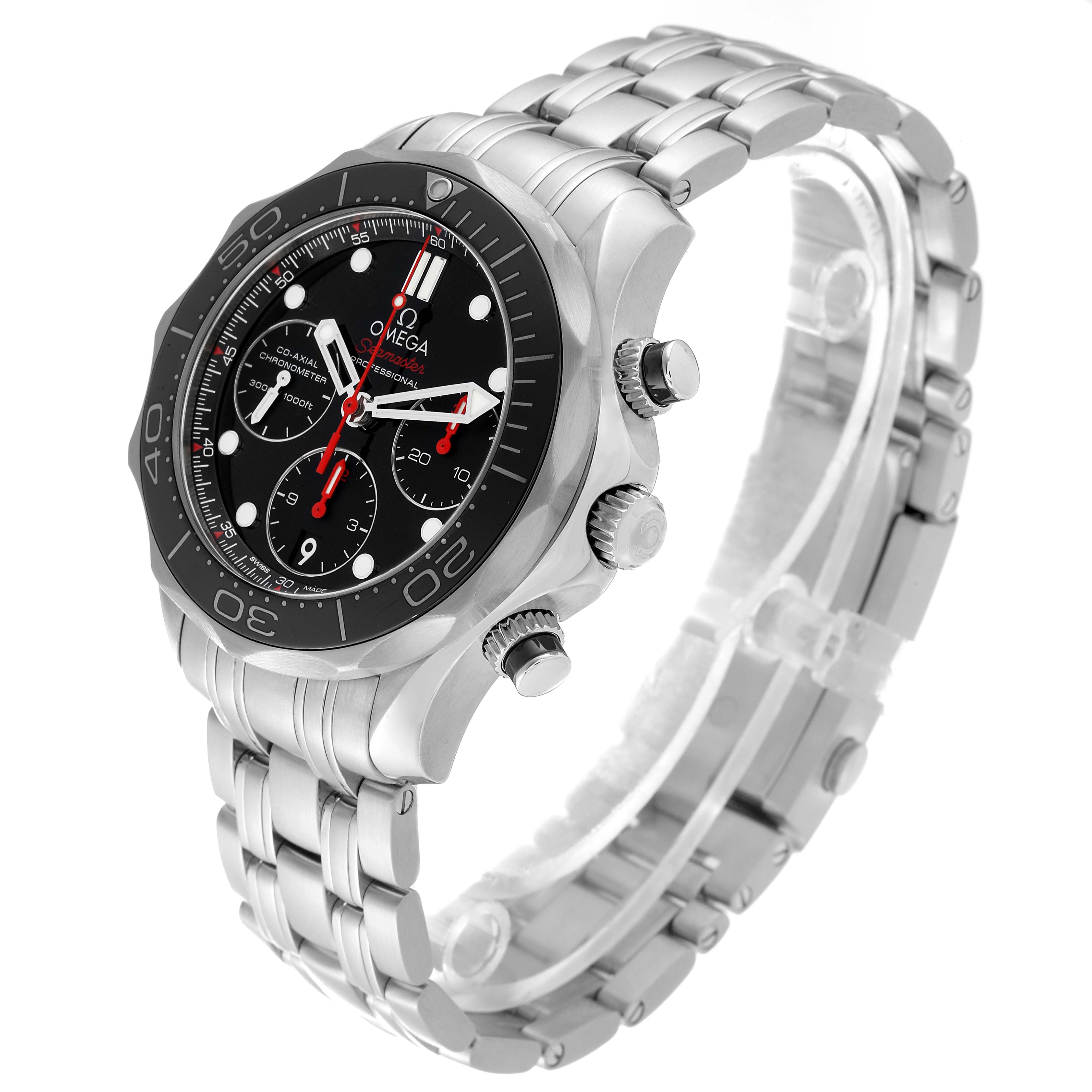 The Omega Seamaster 212.30.42.50.01.001 Men
s Stainless Steel Black Dial 212.30.42.50.01.001 Men
s Stainless Steel Black Dial watch is shown at a three-quarter angle displaying the dial, bezel, pushers, crown, and metal bracelet.