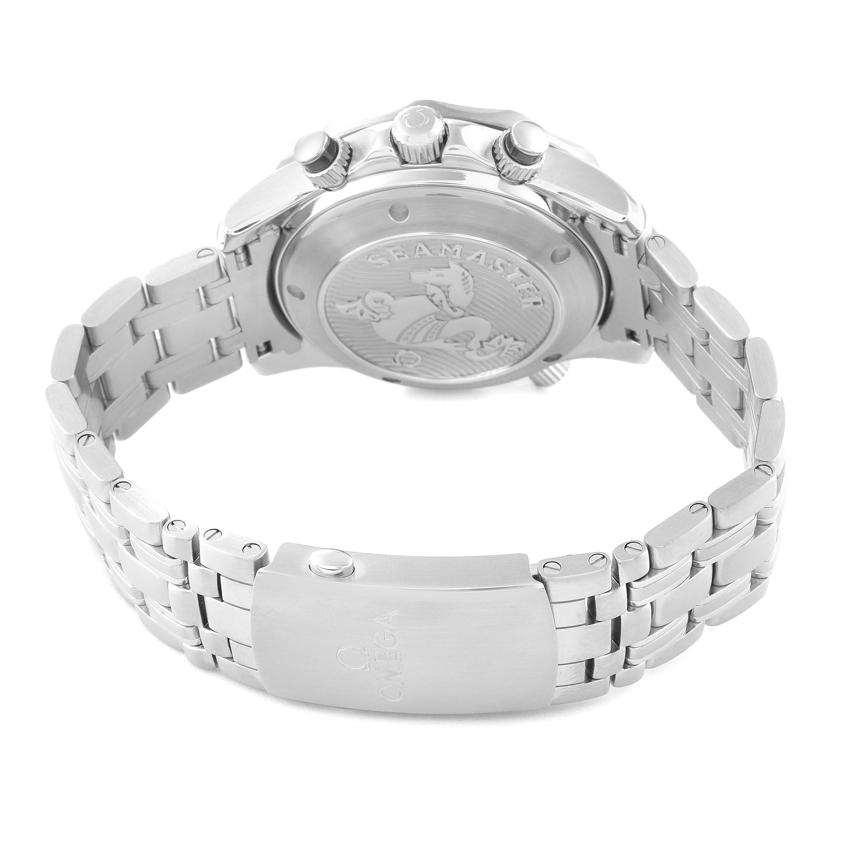 The image shows the back, crown, and bracelet of the Omega Seamaster 212.30.42.50.01.001 Men
s Stainless Steel Black Dial 212.30.42.50.01.001 Men
s Stainless Steel Black Dial watch.