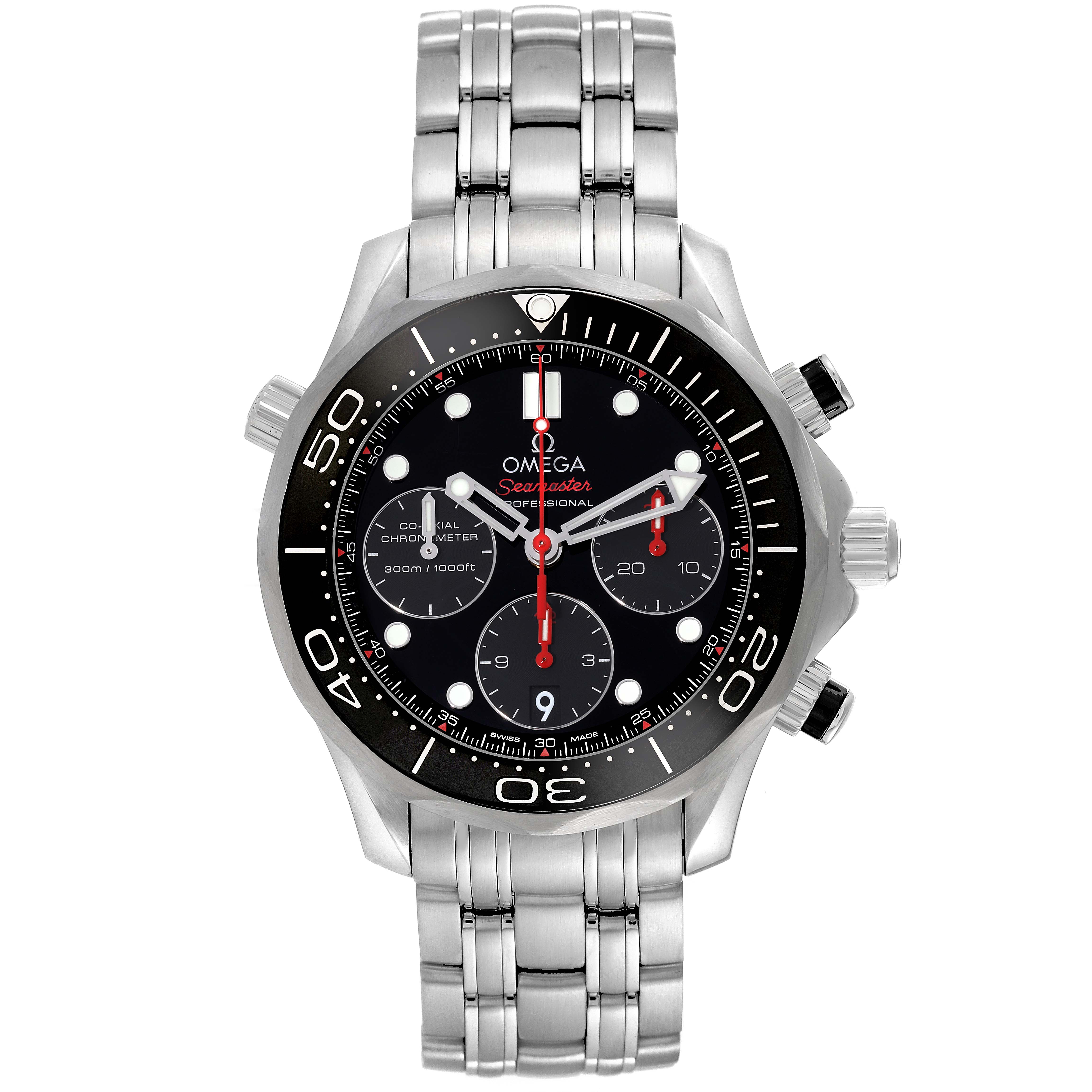 The Omega Seamaster 212.30.42.50.01.001 Men
s Stainless Steel Black Dial 212.30.42.50.01.001 Men
s Stainless Steel Black Dial watch is shown from a front angle, displaying its face, bezel, and metallic bracelet.