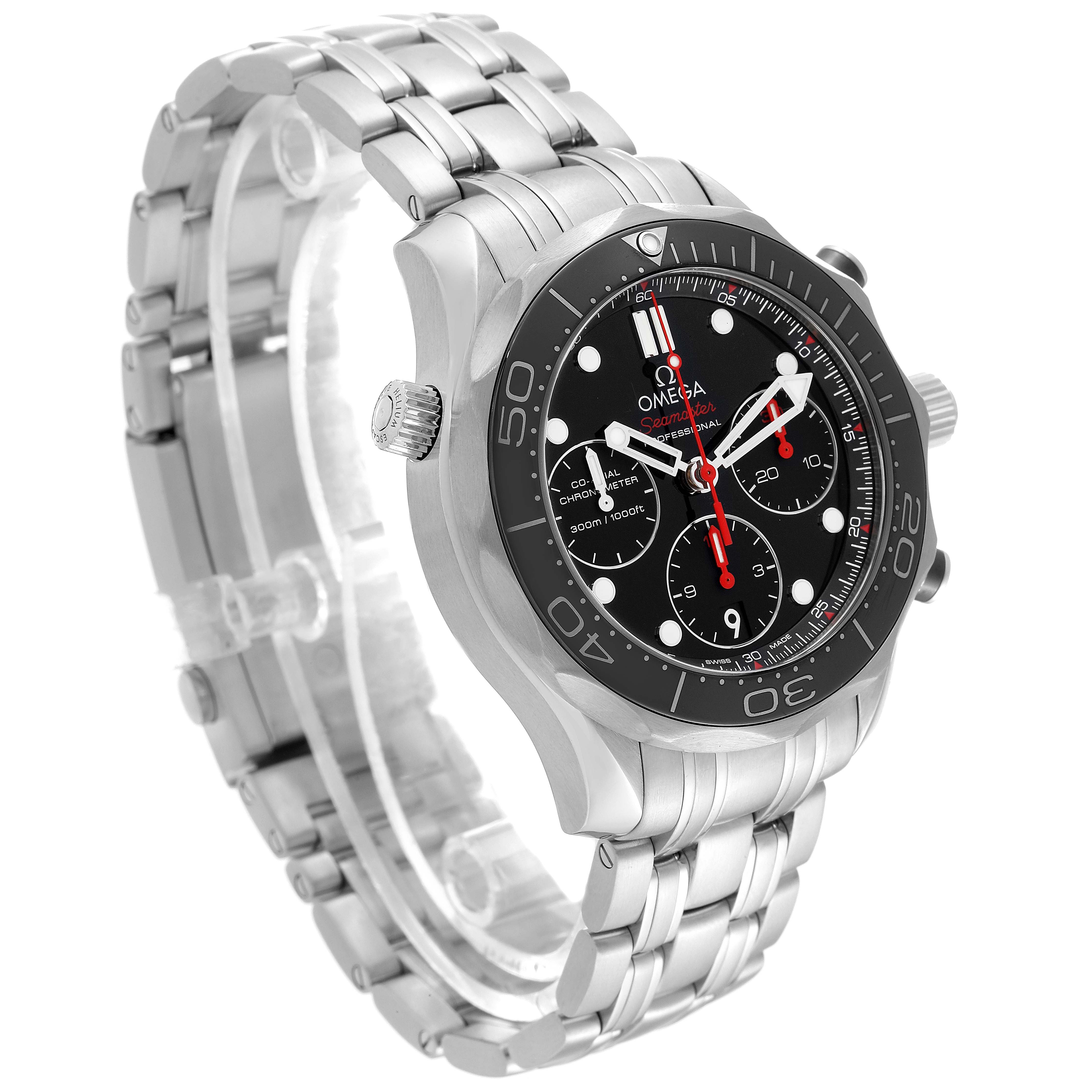 This image shows an Omega Seamaster 212.30.42.50.01.001 Men
s Stainless Steel Black Dial 212.30.42.50.01.001 Men
s Stainless Steel Black Dial watch from a three-quarter angle, highlighting the bracelet, bezel, and chronograph dial.