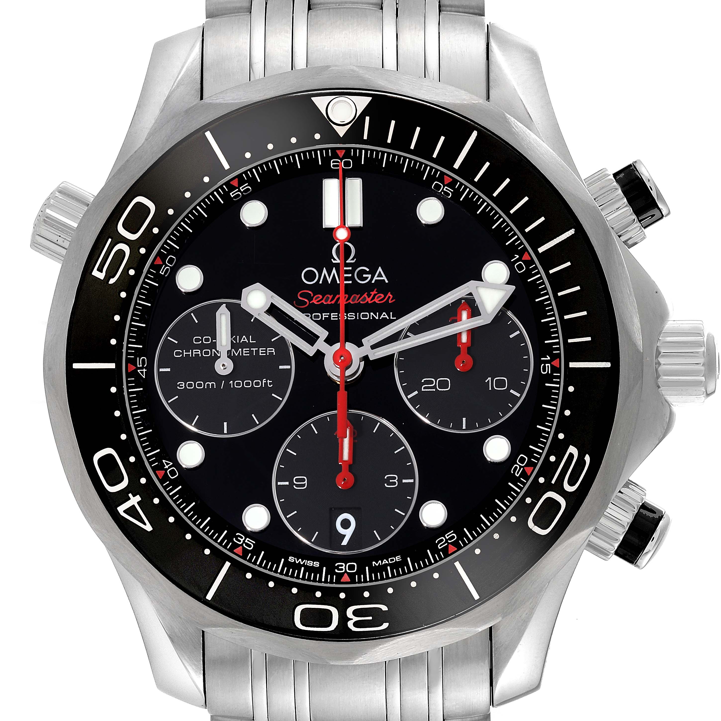 The image shows a front view of the Omega Seamaster 212.30.42.50.01.001 Men
s Stainless Steel Black Dial 212.30.42.50.01.001 Men
s Stainless Steel Black Dial watch, highlighting its chronograph dials, bezel, and stainless steel bracelet.