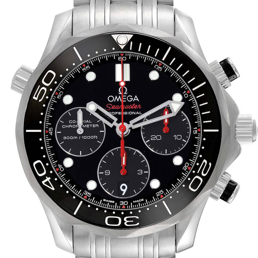 The image shows a front view of the Omega Seamaster watch, highlighting its chronograph dials, bezel, and stainless steel bracelet.