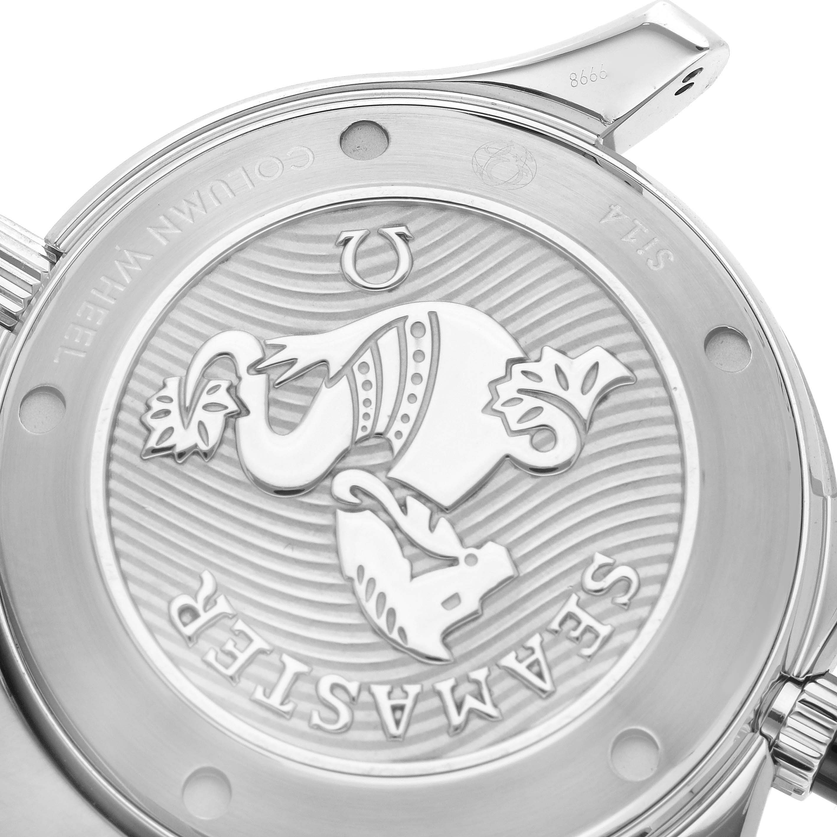 This is an image of the case back of an Omega Seamaster 212.30.42.50.01.001 Men
s Stainless Steel Black Dial 212.30.42.50.01.001 Men
s Stainless Steel Black Dial watch, showing detailed engravings and the Omega branding.