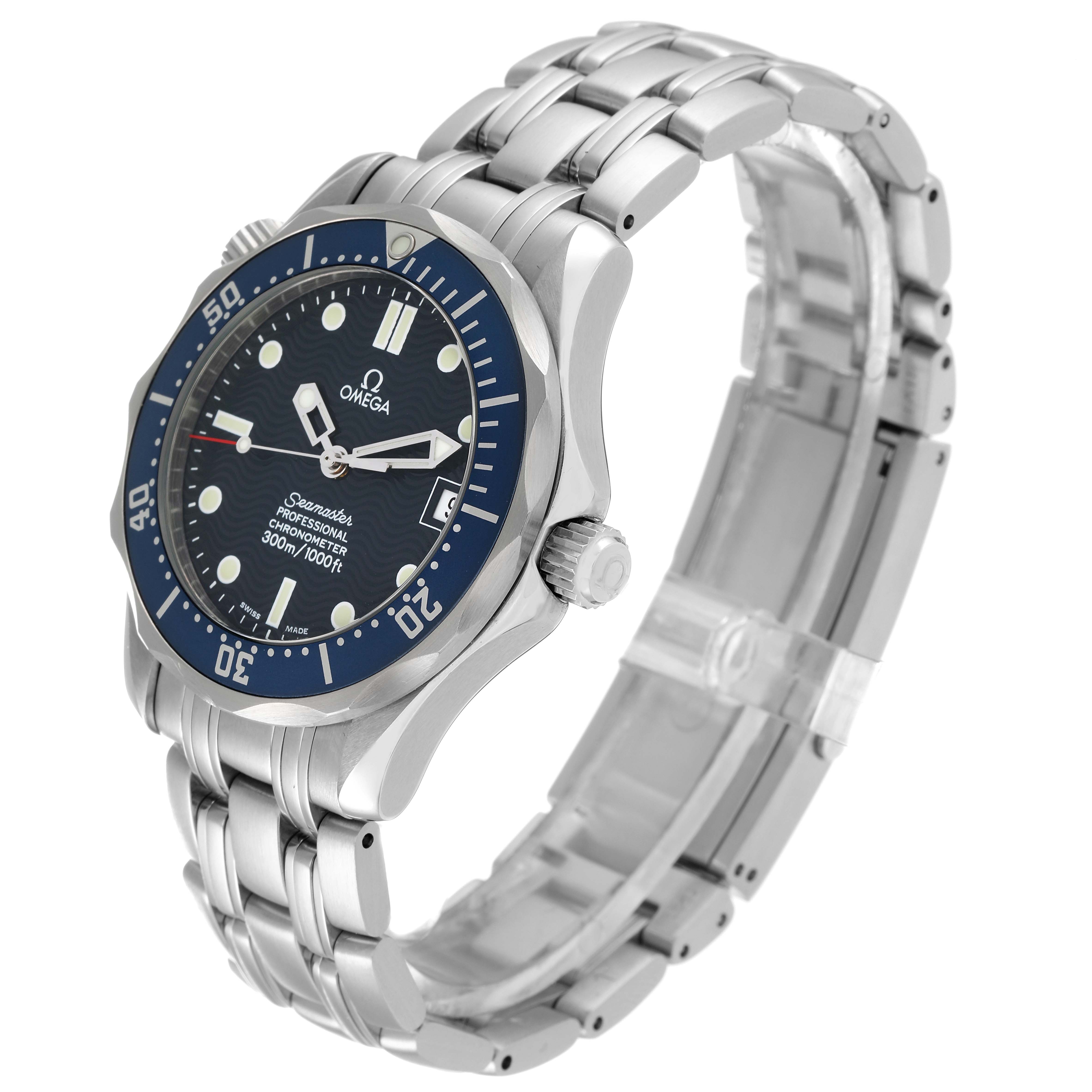 The Omega Seamaster 2551.80.00 Men's Stainless Steel Blue Dial 2551.80.00 Men's Stainless Steel Blue Dial watch is shown at a three-quarter angle, highlighting the face, bezel, crown, and bracelet.