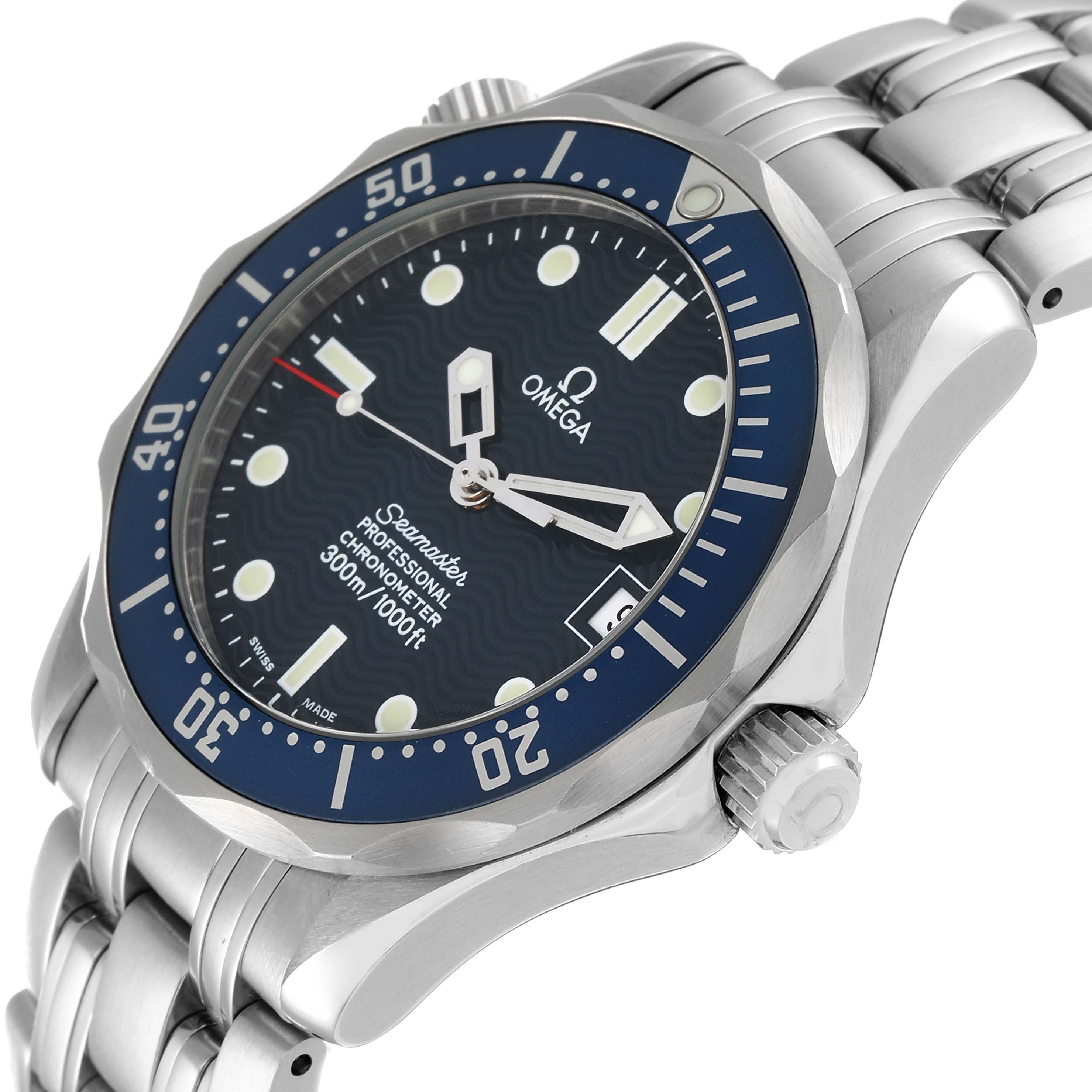 The image shows an angled view of the Omega Seamaster 2551.80.00 Men's Stainless Steel Blue Dial 2551.80.00 Men's Stainless Steel Blue Dial watch face, bezel, crown, and part of the metal bracelet.