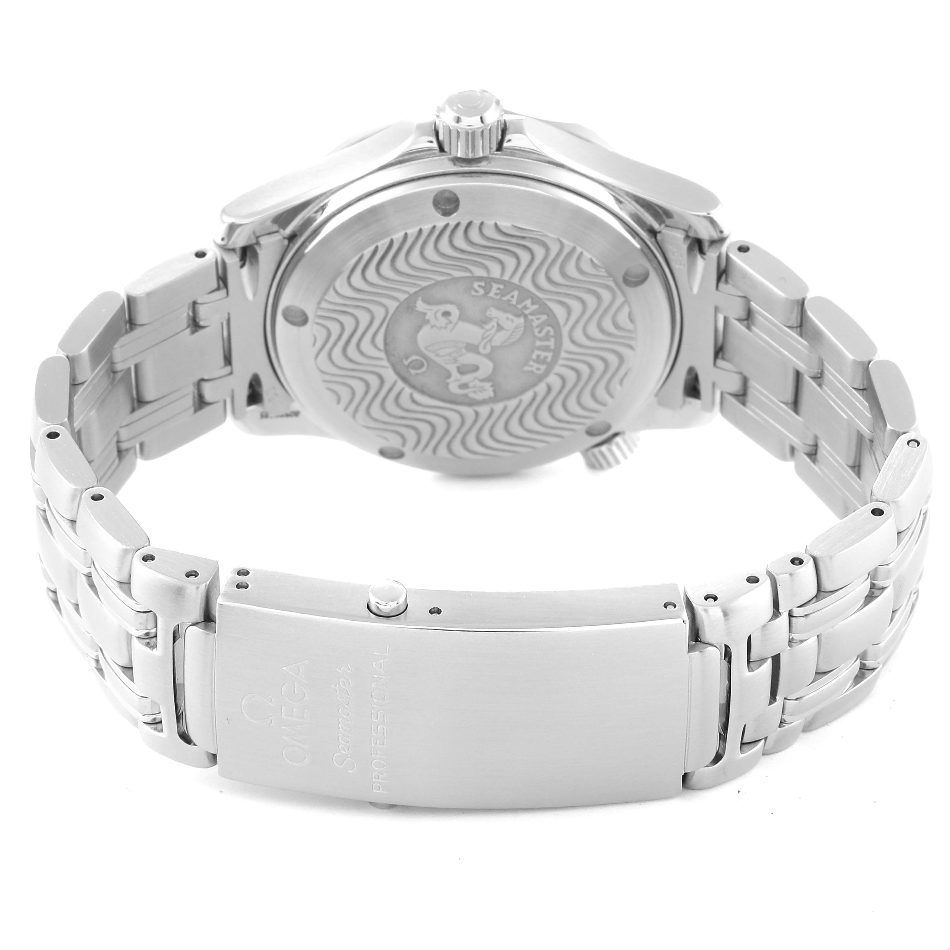 This image shows the back case and bracelet clasp of an Omega Seamaster 2551.80.00 Men's Stainless Steel Blue Dial 2551.80.00 Men's Stainless Steel Blue Dial watch, featuring the engraved logo and branded clasp.