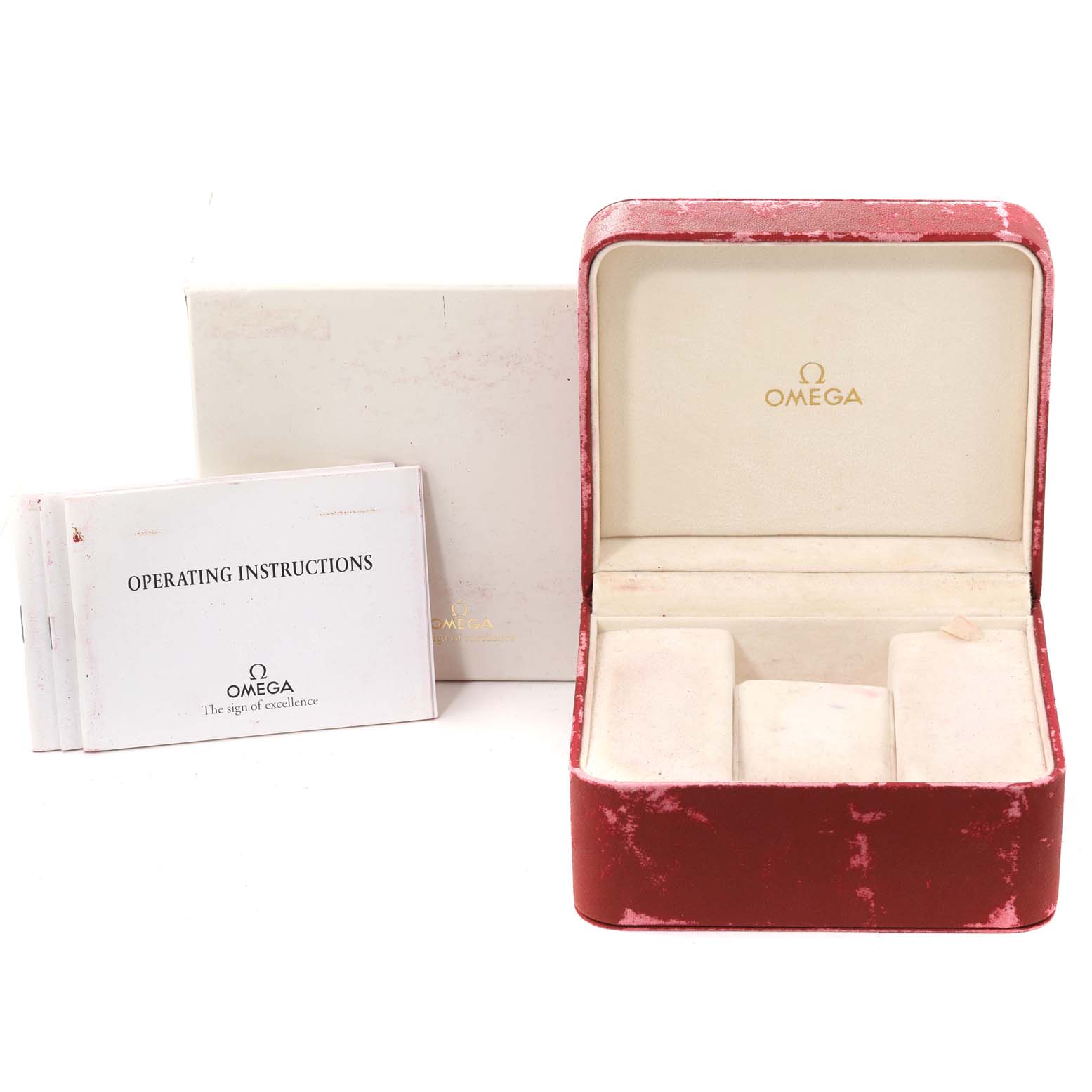 The image shows an open Omega Seamaster 2551.80.00 Men's Stainless Steel Blue Dial 2551.80.00 Men's Stainless Steel Blue Dial watch box and operating instructions from a front angle.