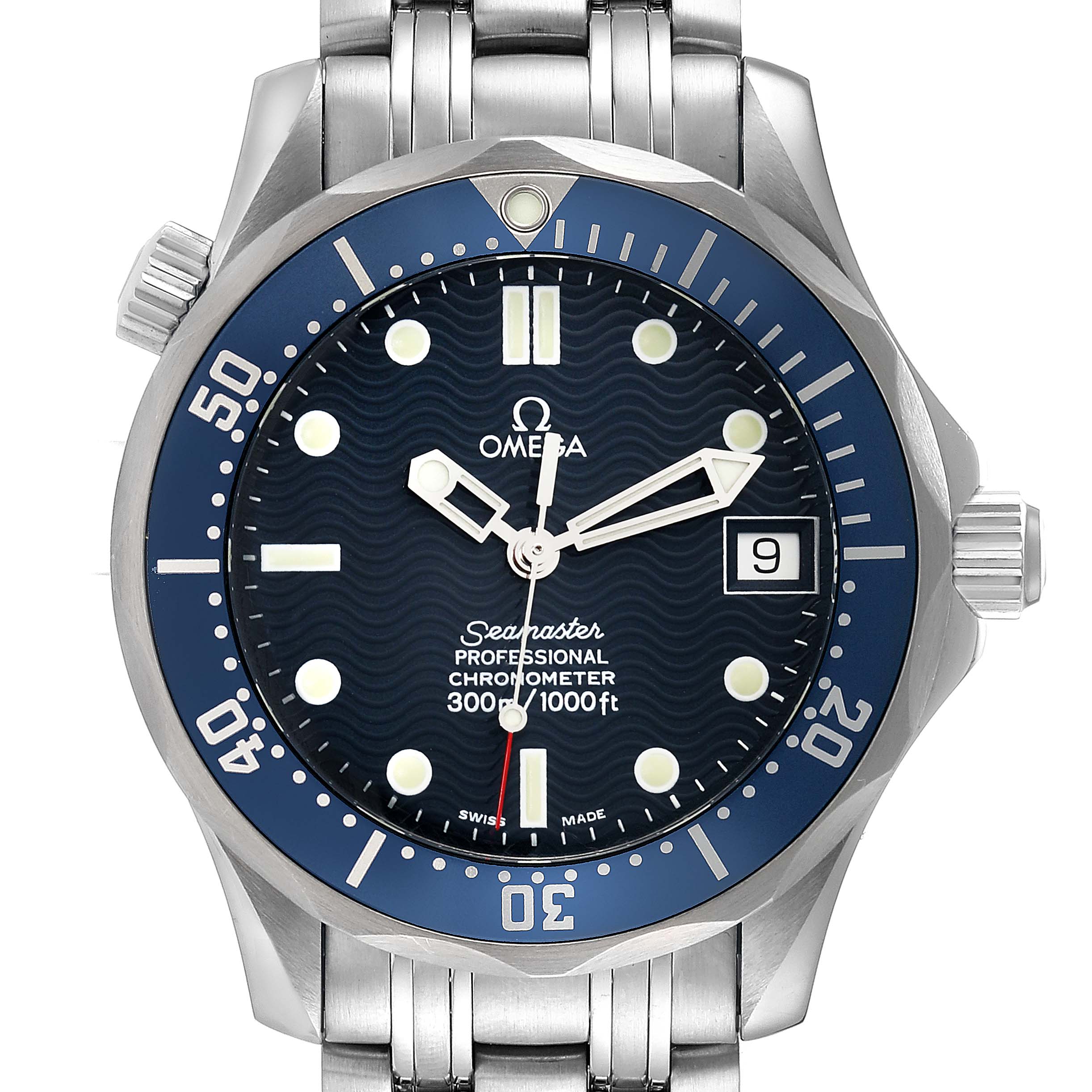 The image shows a front view of the Omega Seamaster 2551.80.00 Men's Stainless Steel Blue Dial 2551.80.00 Men's Stainless Steel Blue Dial watch, highlighting the dial, bezel, and part of the metal bracelet.