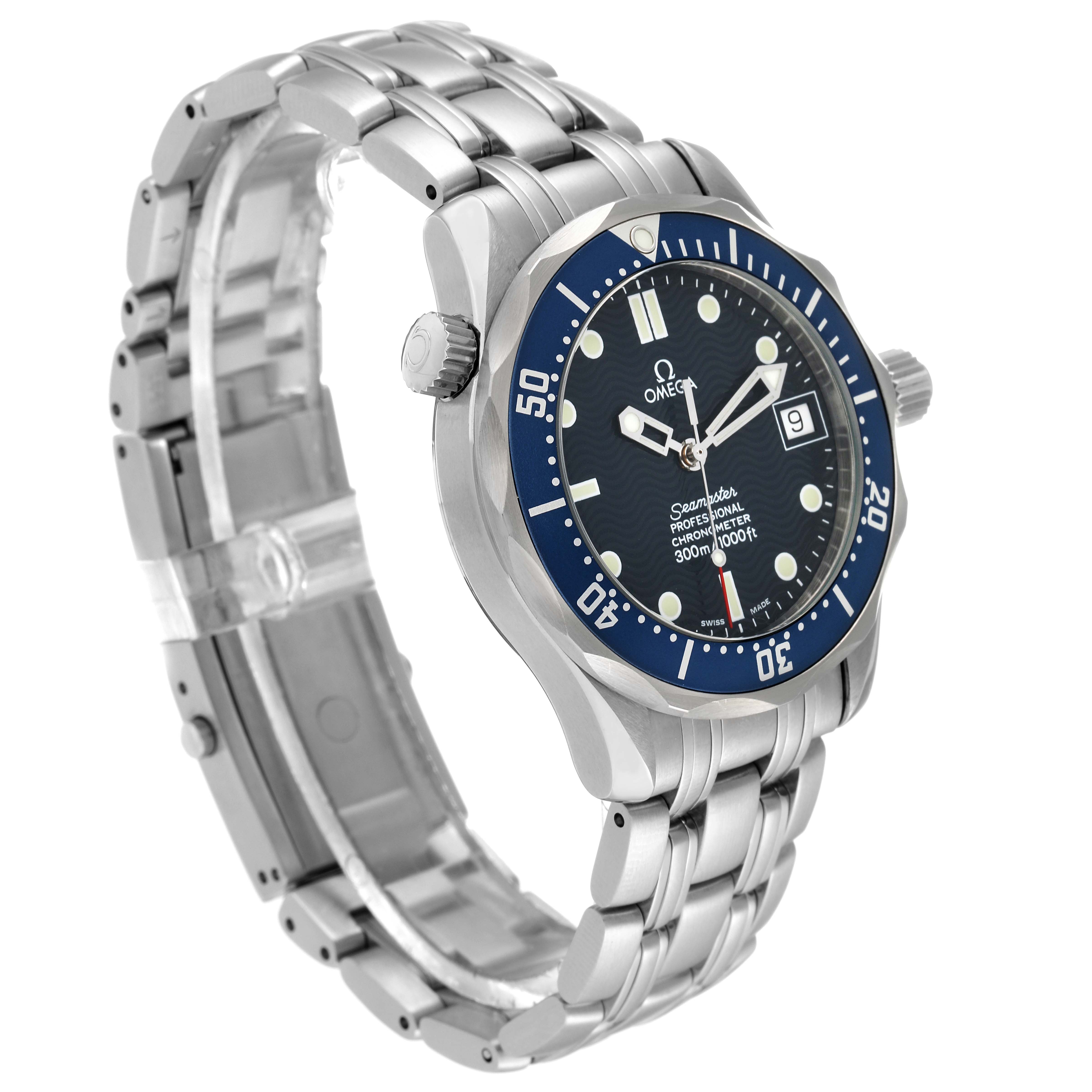 The Omega Seamaster 2551.80.00 Men's Stainless Steel Blue Dial 2551.80.00 Men's Stainless Steel Blue Dial watch is shown at an angle displaying the face, bezel, crown, and stainless steel bracelet.