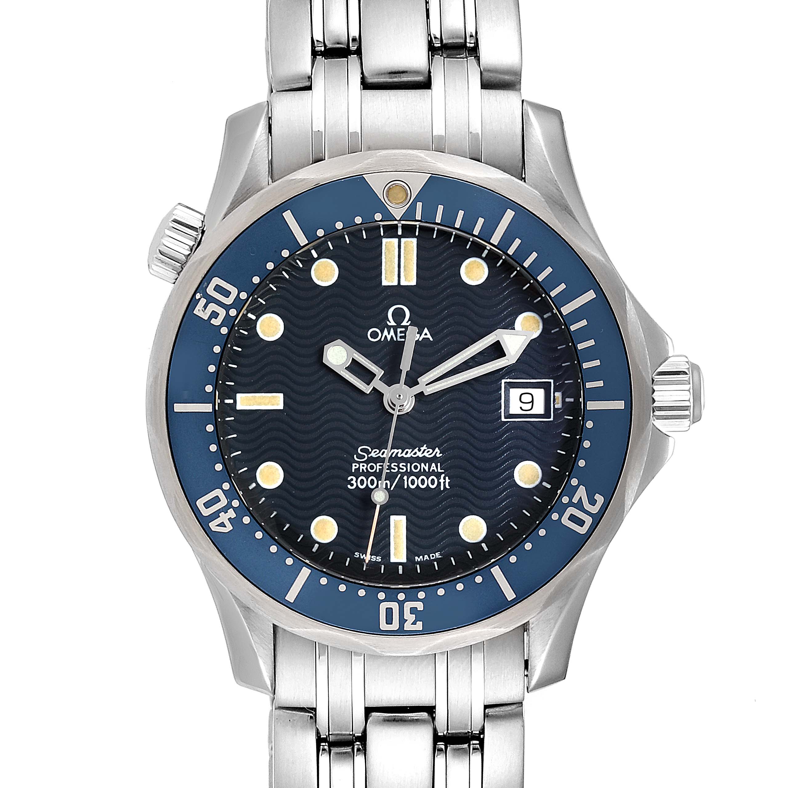 The Omega Seamaster 2561.80.00 Men
s Stainless Steel Blue Dial 2561.80.00 Men
s Stainless Steel Blue Dial watch is shown from a front view, displaying its dial, bezel, and part of the bracelet.