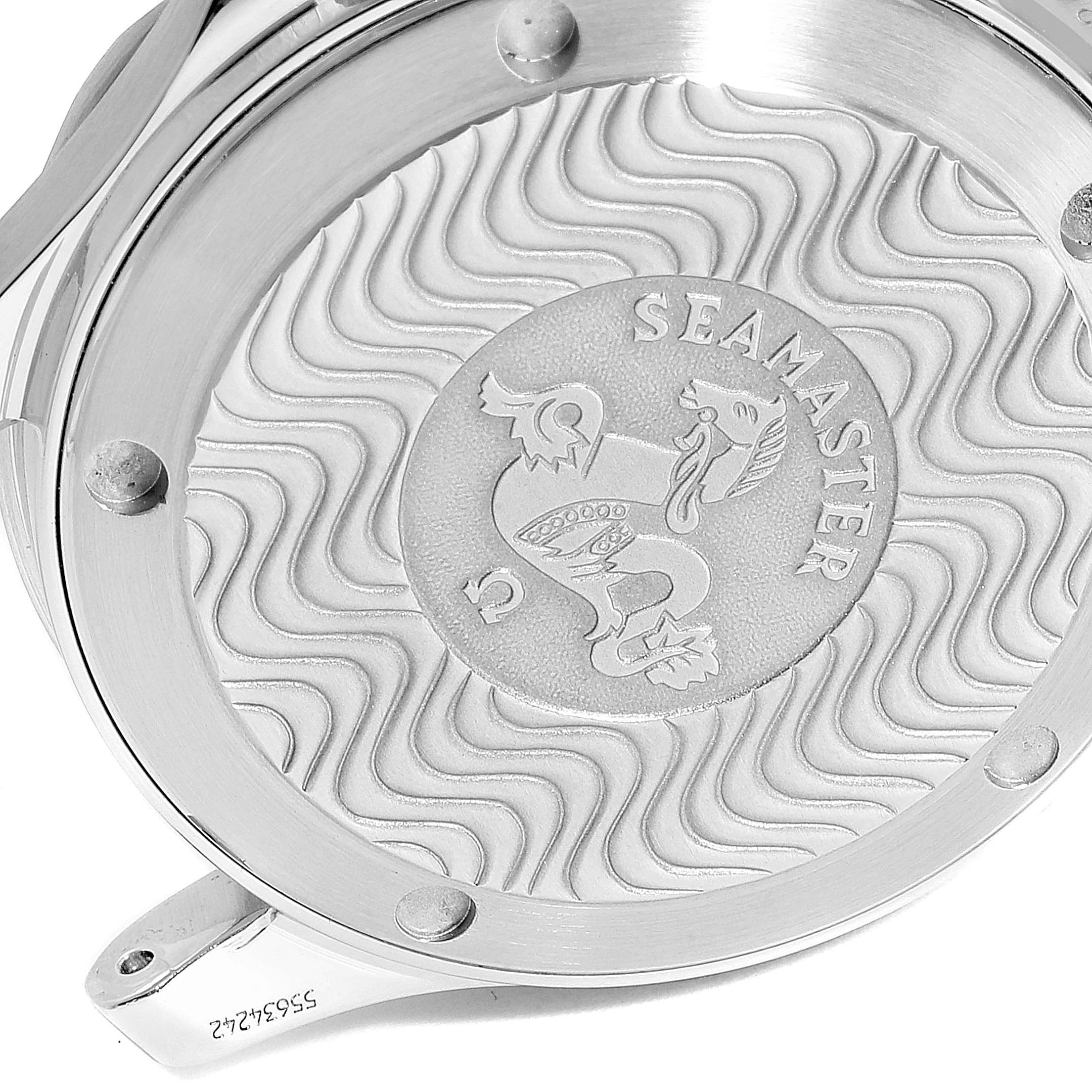 This image shows the back of an Omega Seamaster 2561.80.00 Men
s Stainless Steel Blue Dial 2561.80.00 Men
s Stainless Steel Blue Dial watch, highlighting its intricate engraving and screws.