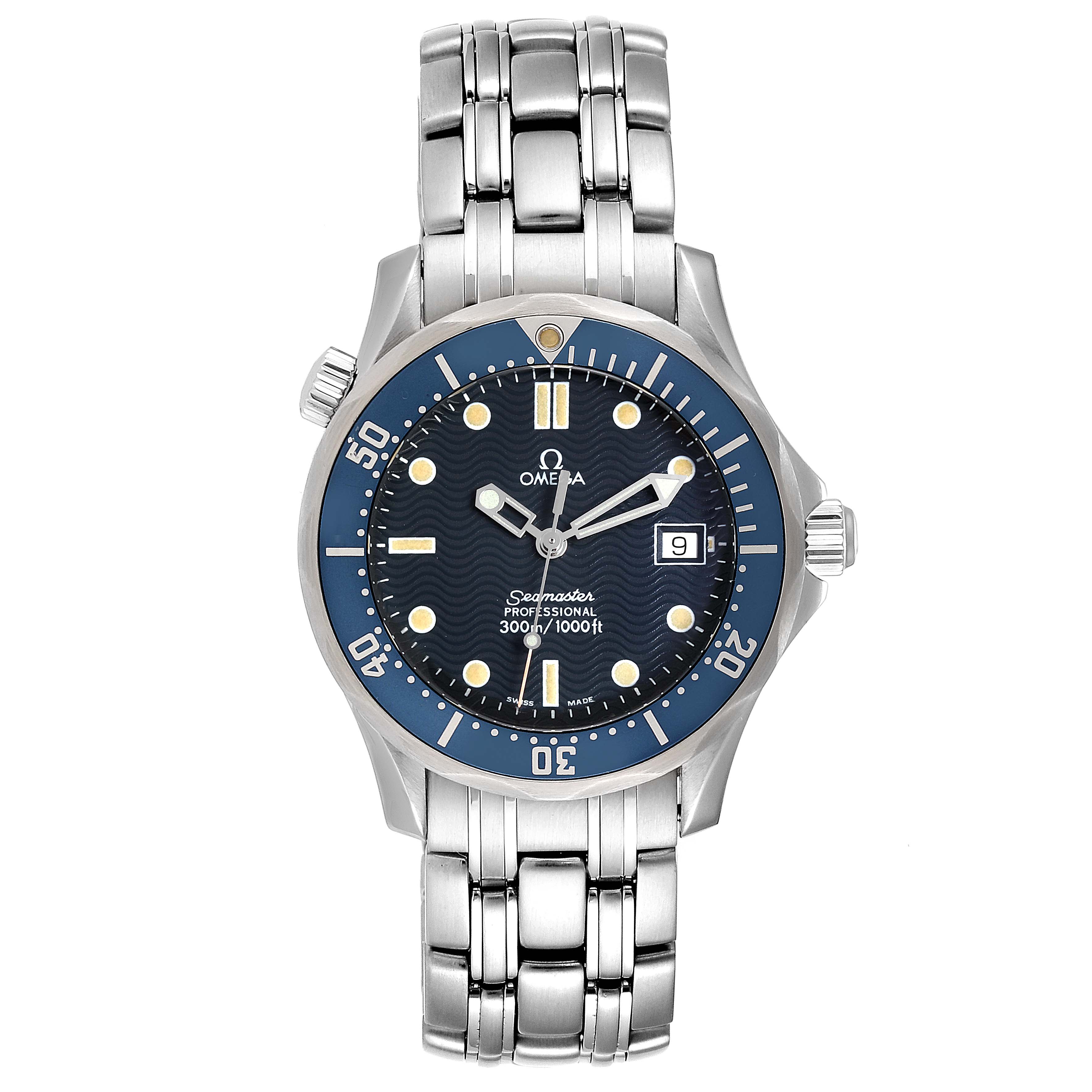 The image shows a front view of the Omega Seamaster 2561.80.00 Men
s Stainless Steel Blue Dial 2561.80.00 Men
s Stainless Steel Blue Dial watch, displaying the dial, bezel, crown, and metal bracelet.