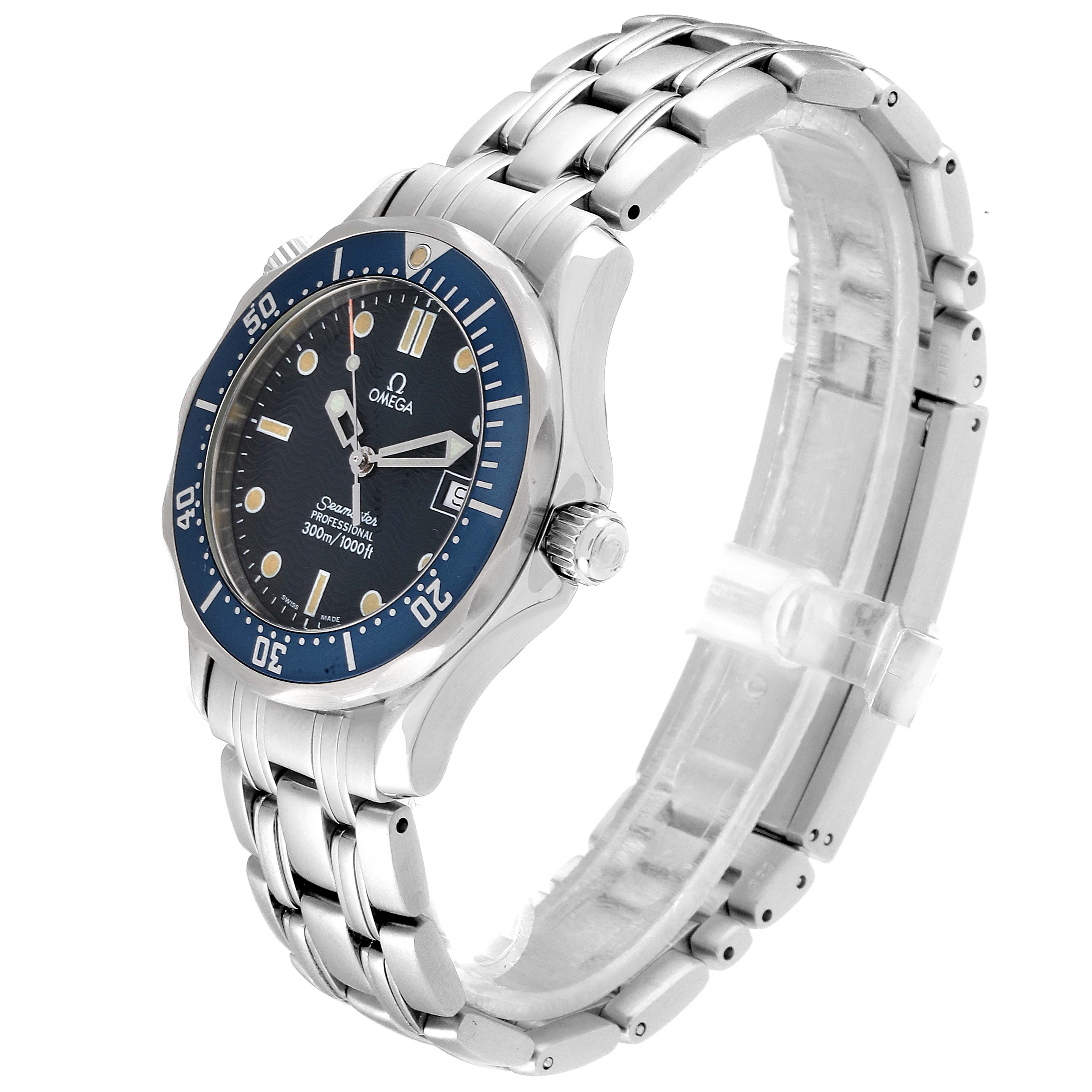 This image shows a side and front three-quarter view of an Omega Seamaster 2561.80.00 Men
s Stainless Steel Blue Dial 2561.80.00 Men
s Stainless Steel Blue Dial watch, highlighting its bezel, dial, crown, and bracelet.