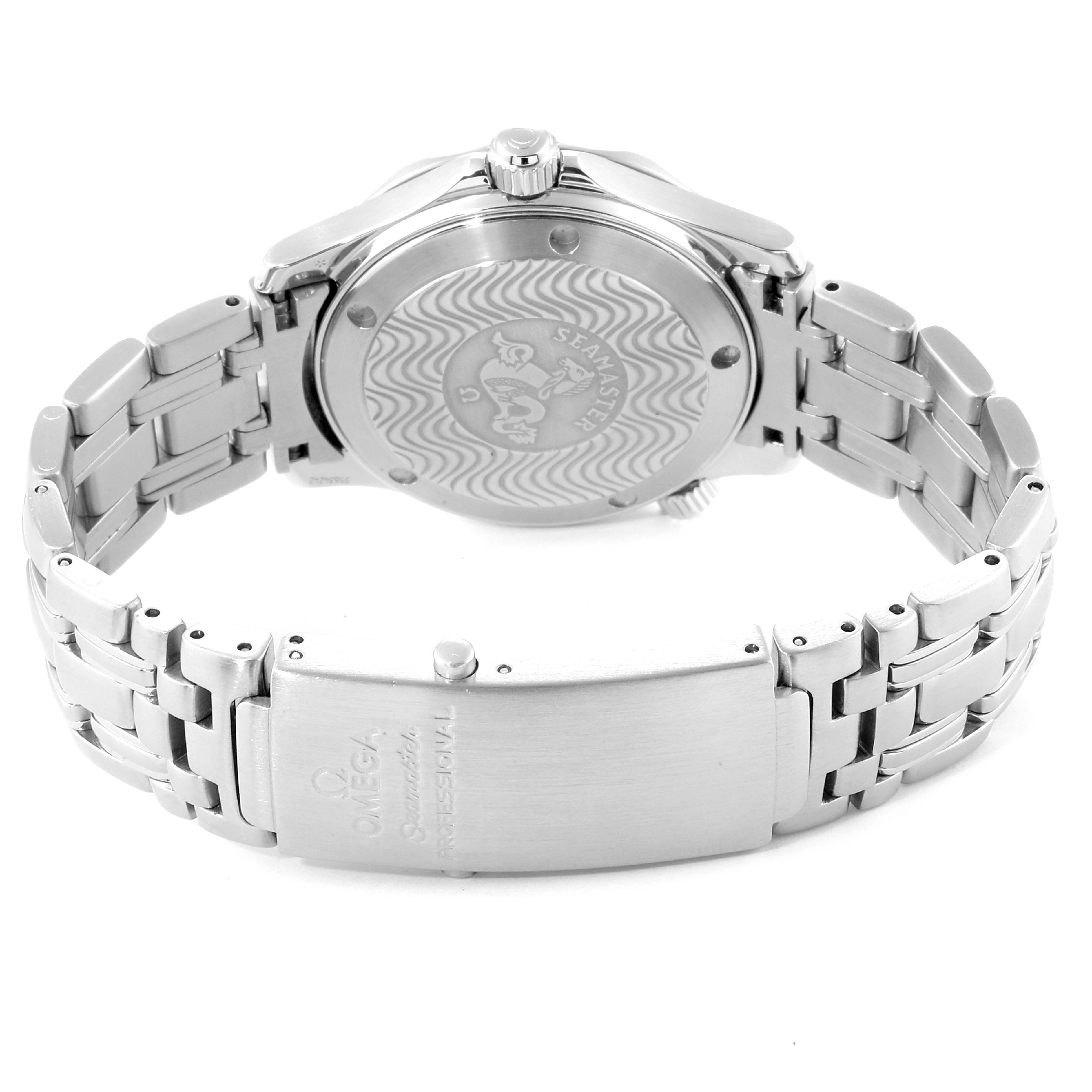 The image shows the back view of an Omega Seamaster 2561.80.00 Men
s Stainless Steel Blue Dial 2561.80.00 Men
s Stainless Steel Blue Dial watch, including the case back and the bracelet with a clasp.