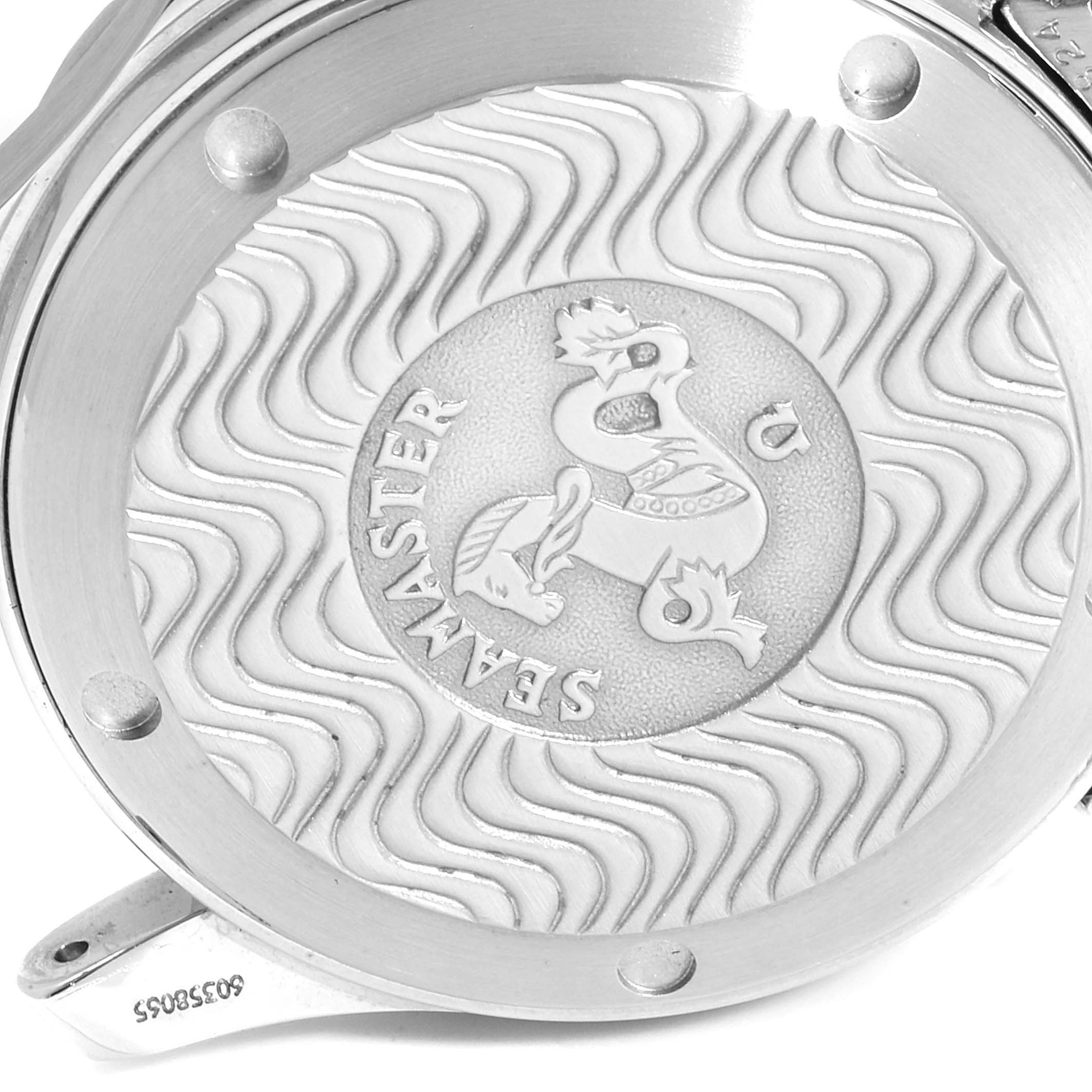 This image shows the back case of an Omega Seamaster 2552.80.00 Men
s Stainless Steel Blue Dial 2552.80.00 Men
s Stainless Steel Blue Dial watch, featuring the model
s distinctive engravings and design.