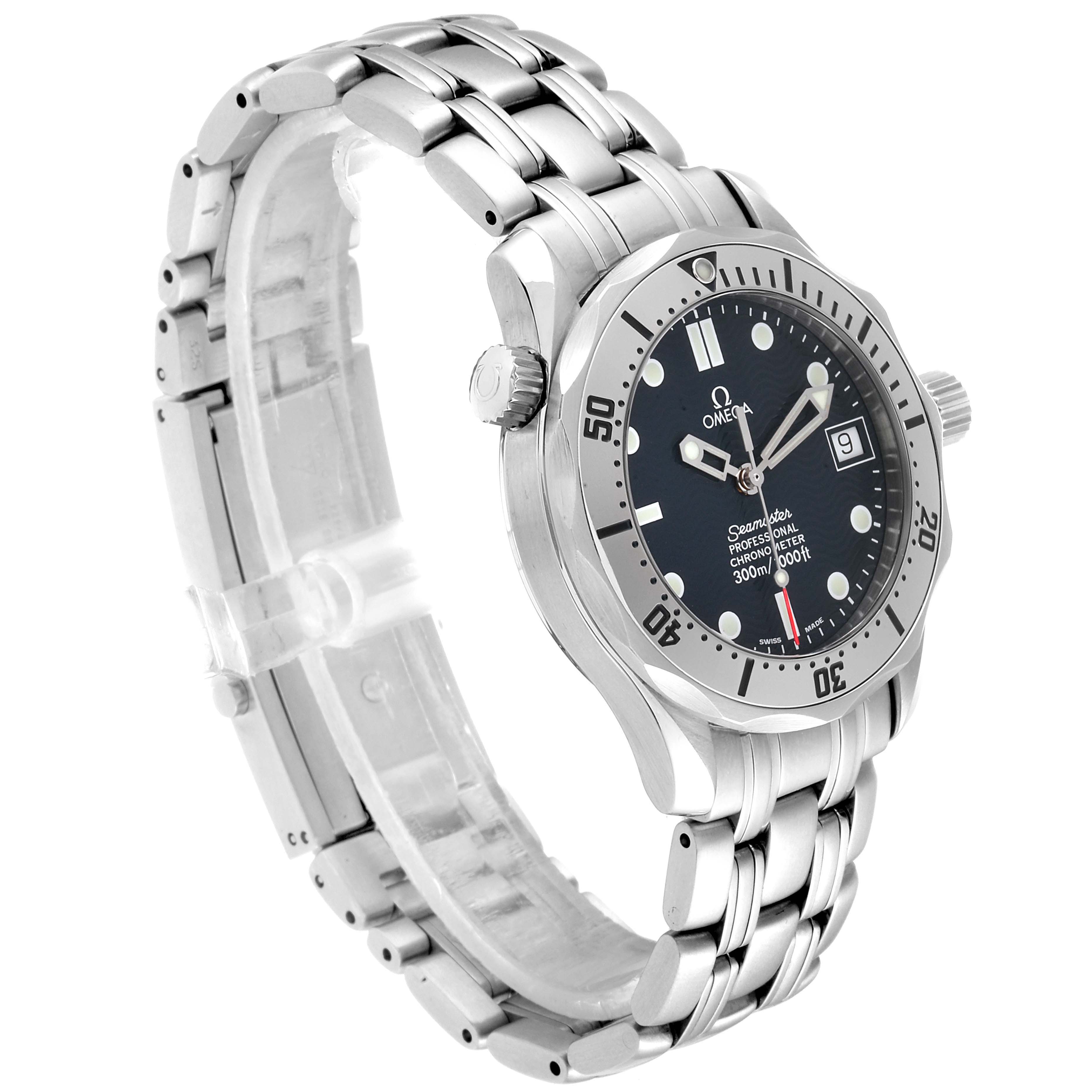 The Omega Seamaster 2552.80.00 Men
s Stainless Steel Blue Dial 2552.80.00 Men
s Stainless Steel Blue Dial watch is shown at a slight angle, displaying its face, bezel, crown, and metal bracelet.