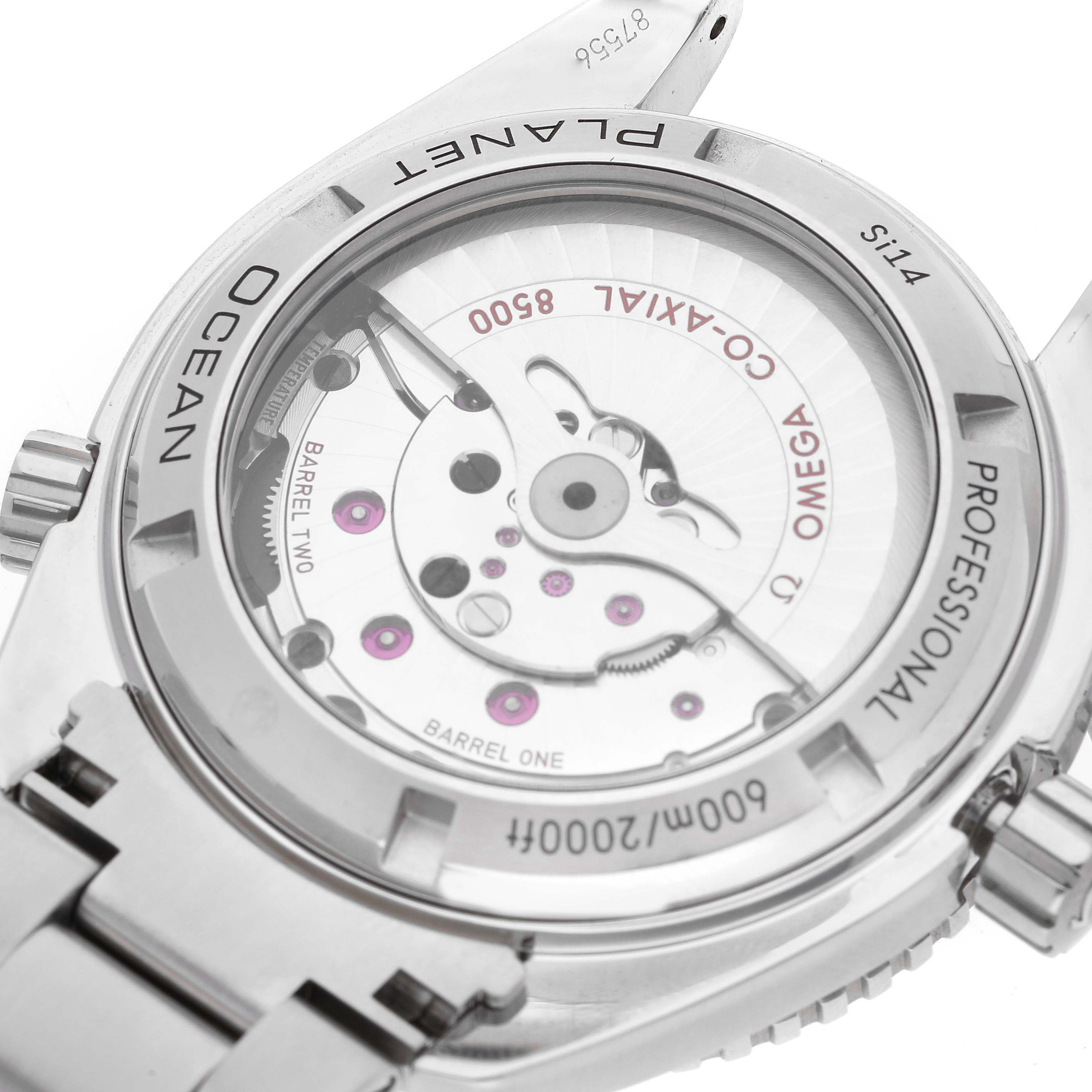 The image shows the back of the Omega Planet Ocean 232.30.42.21.01.003 Men
s Stainless Steel Black Dial 232.30.42.21.01.003 Men
s Stainless Steel Black Dial watch, revealing its movement and internal components.