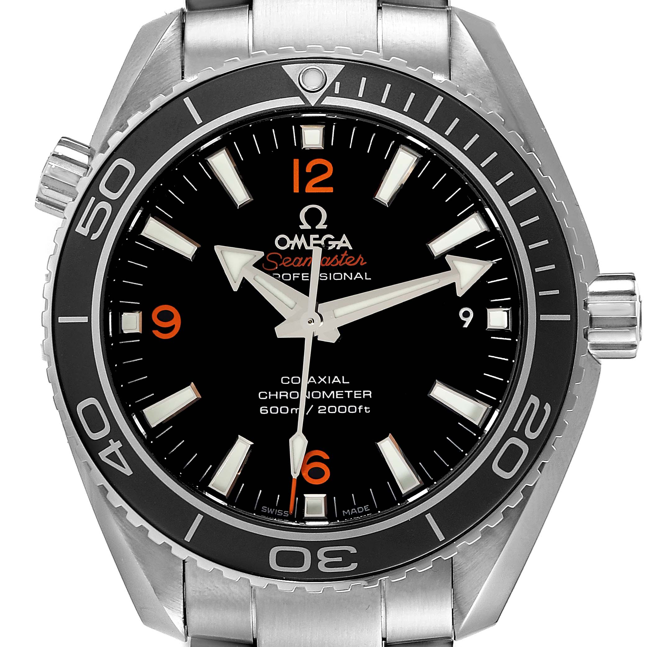The image shows a front view of the Omega Seamaster Planet Ocean watch with the dial, bezel, hands, and part of the bracelet visible.