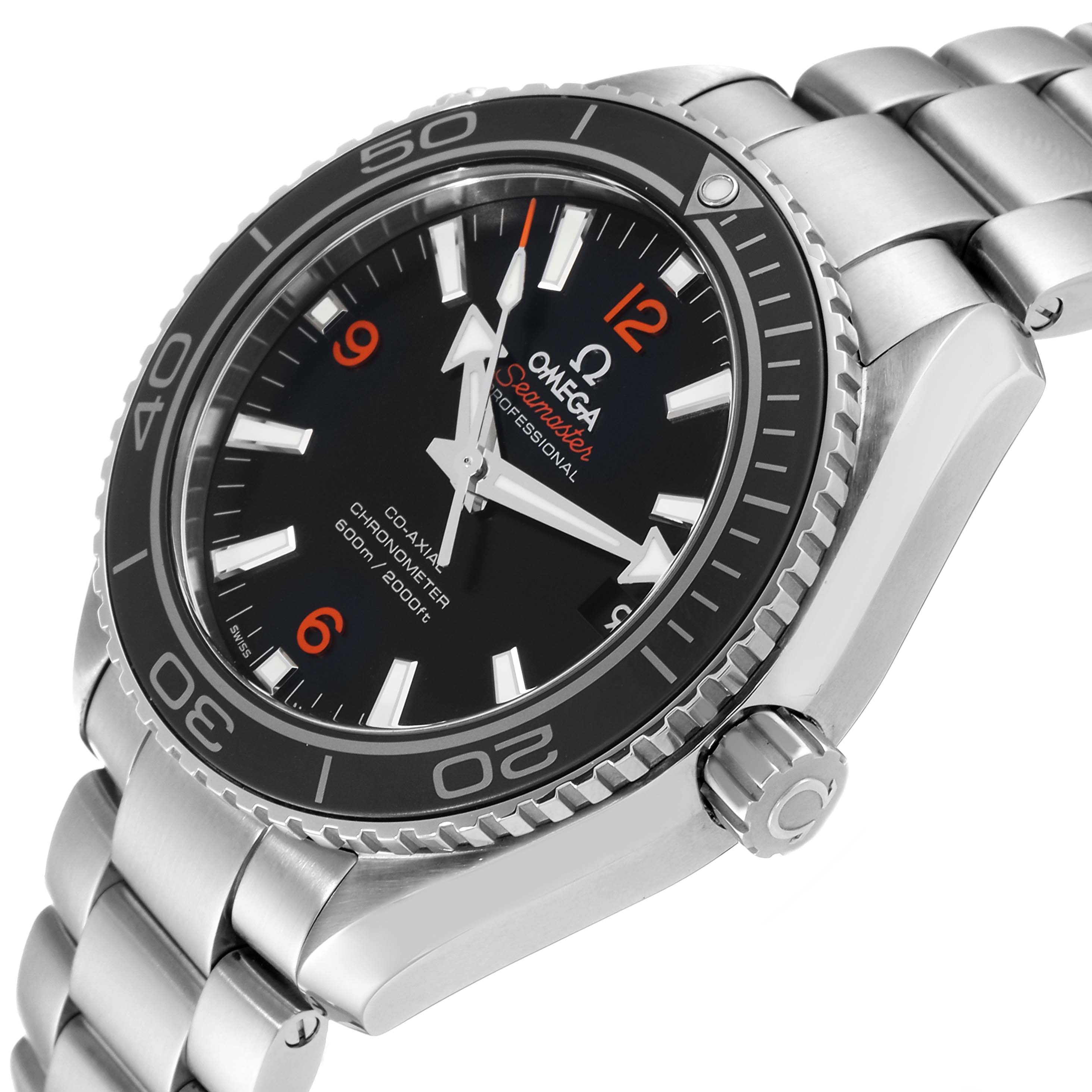 This image shows a close-up of an Omega Planet Ocean 232.30.42.21.01.003 Men
s Stainless Steel Black Dial 232.30.42.21.01.003 Men
s Stainless Steel Black Dial watch, focusing on the face, bezel, and steel bracelet.