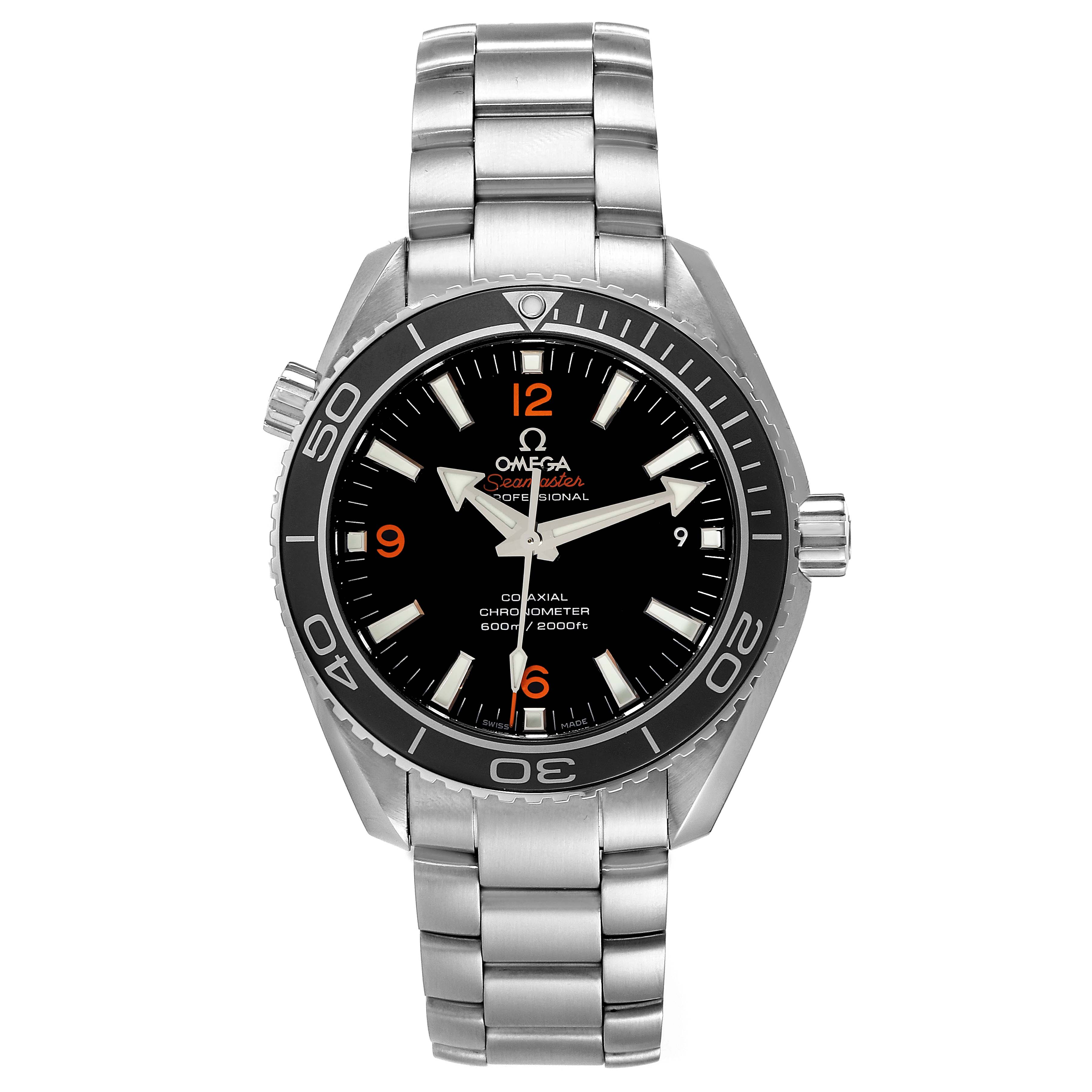 This image shows a front view of the Omega Planet Ocean 232.30.42.21.01.003 Men
s Stainless Steel Black Dial 232.30.42.21.01.003 Men
s Stainless Steel Black Dial watch, displaying its dial, bezel, and stainless steel bracelet.
