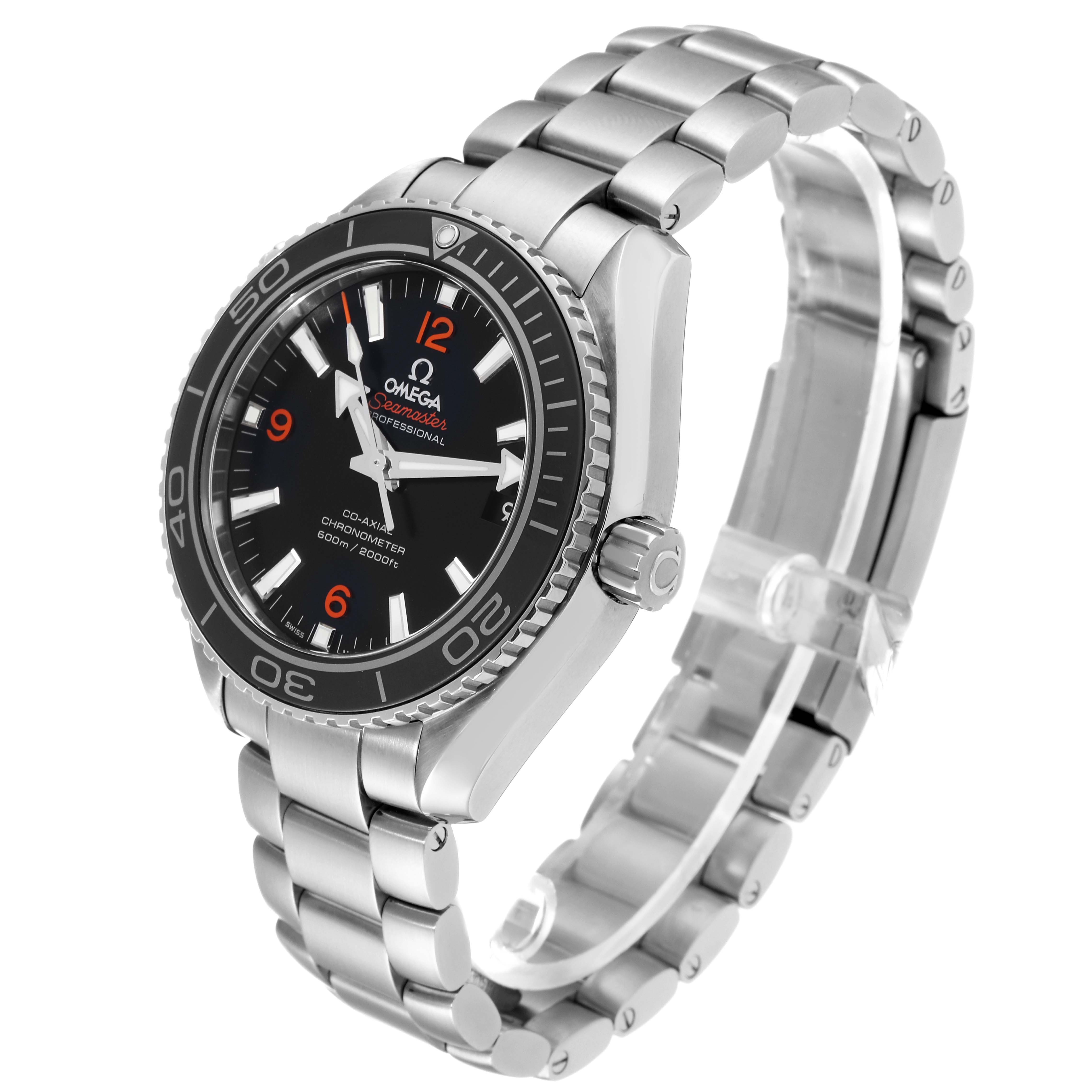 This image shows a side view angle of the Omega Planet Ocean 232.30.42.21.01.003 Men
s Stainless Steel Black Dial 232.30.42.21.01.003 Men
s Stainless Steel Black Dial watch, displaying its face, bezel, and metal bracelet.