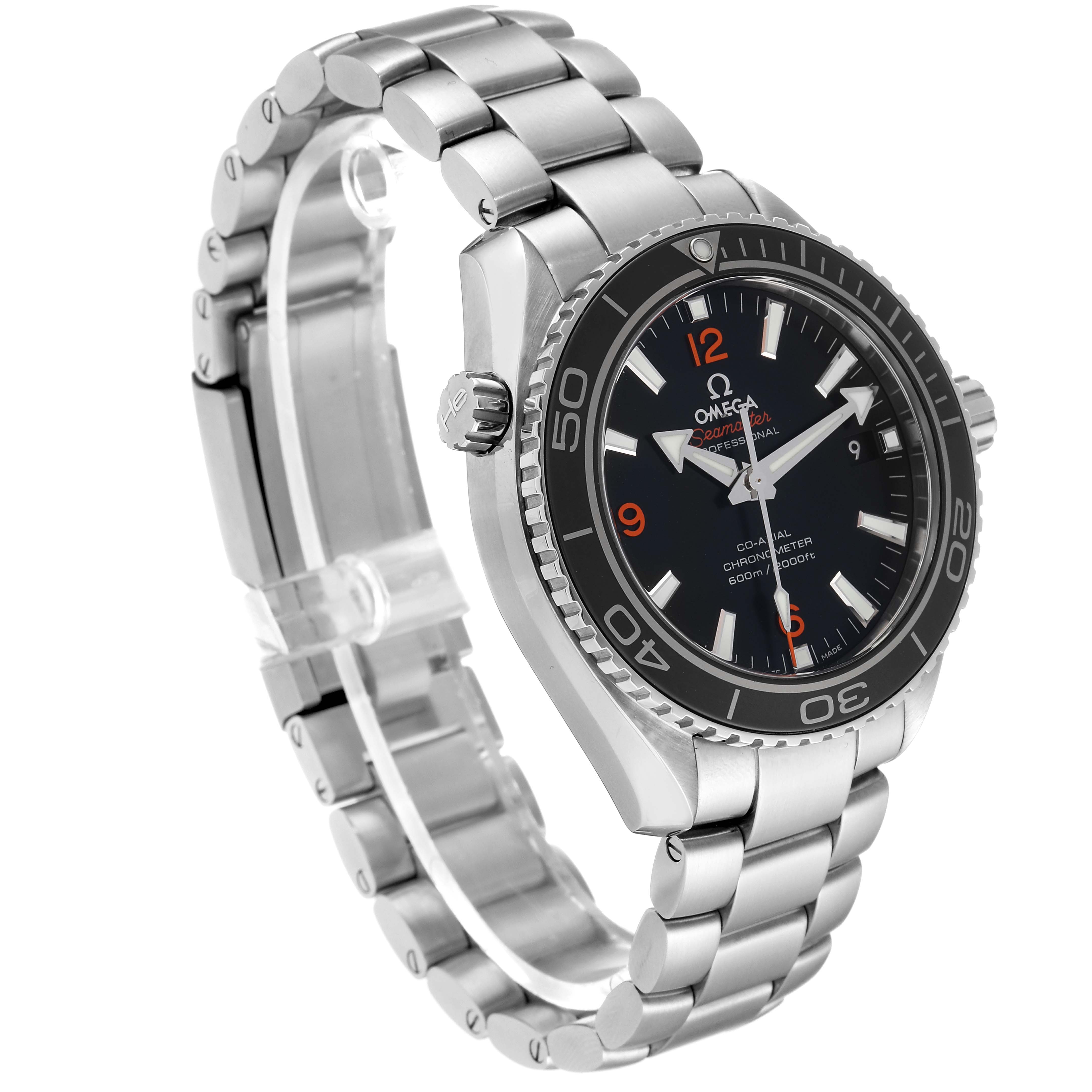 This image shows the Omega Planet Ocean 232.30.42.21.01.003 Men
s Stainless Steel Black Dial 232.30.42.21.01.003 Men
s Stainless Steel Black Dial watch from an angled view, highlighting its bracelet, bezel, and dial.