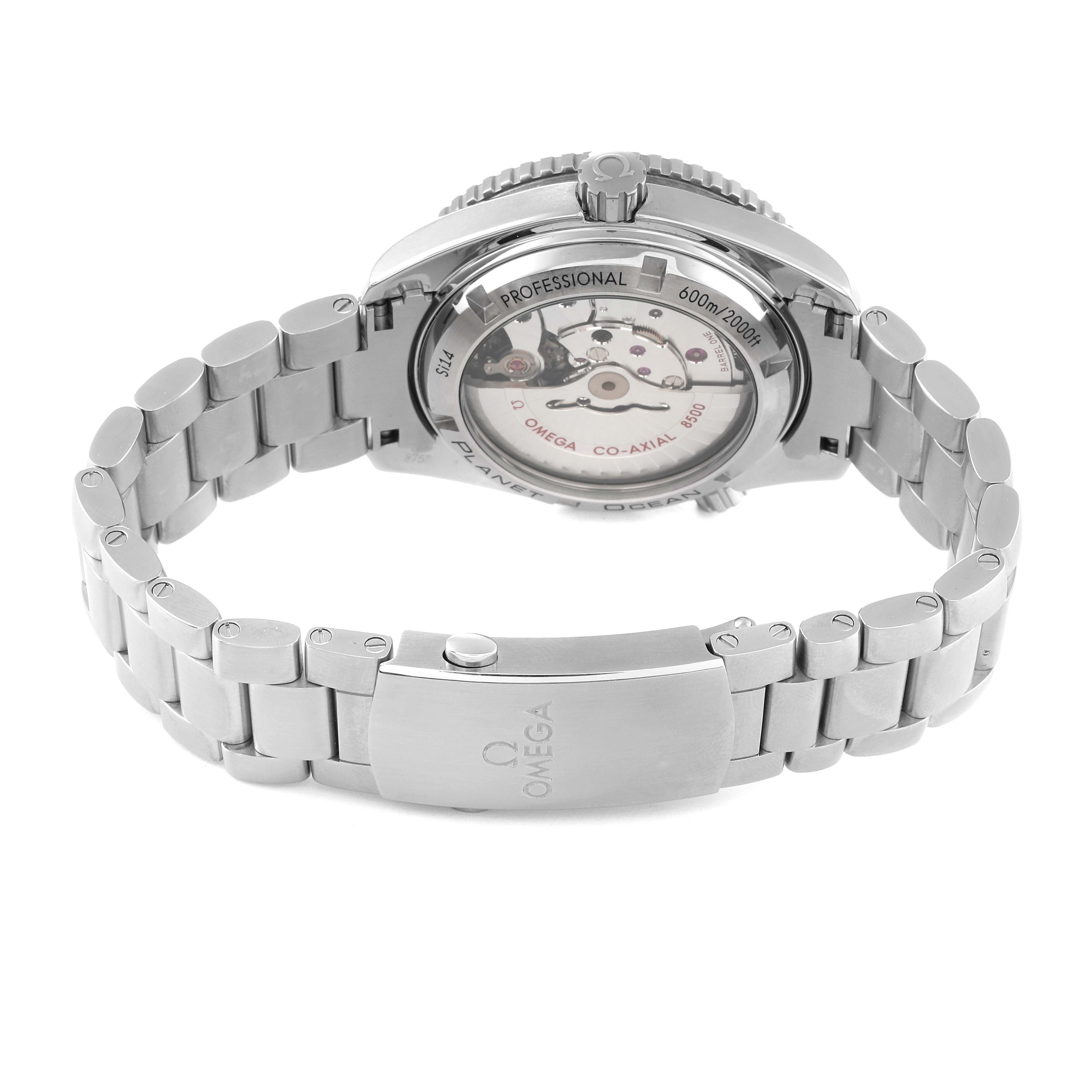 The image shows the backside and part of the bracelet of the Omega Planet Ocean 232.30.42.21.01.003 Men
s Stainless Steel Black Dial 232.30.42.21.01.003 Men
s Stainless Steel Black Dial watch, highlighting the movement and clasp.