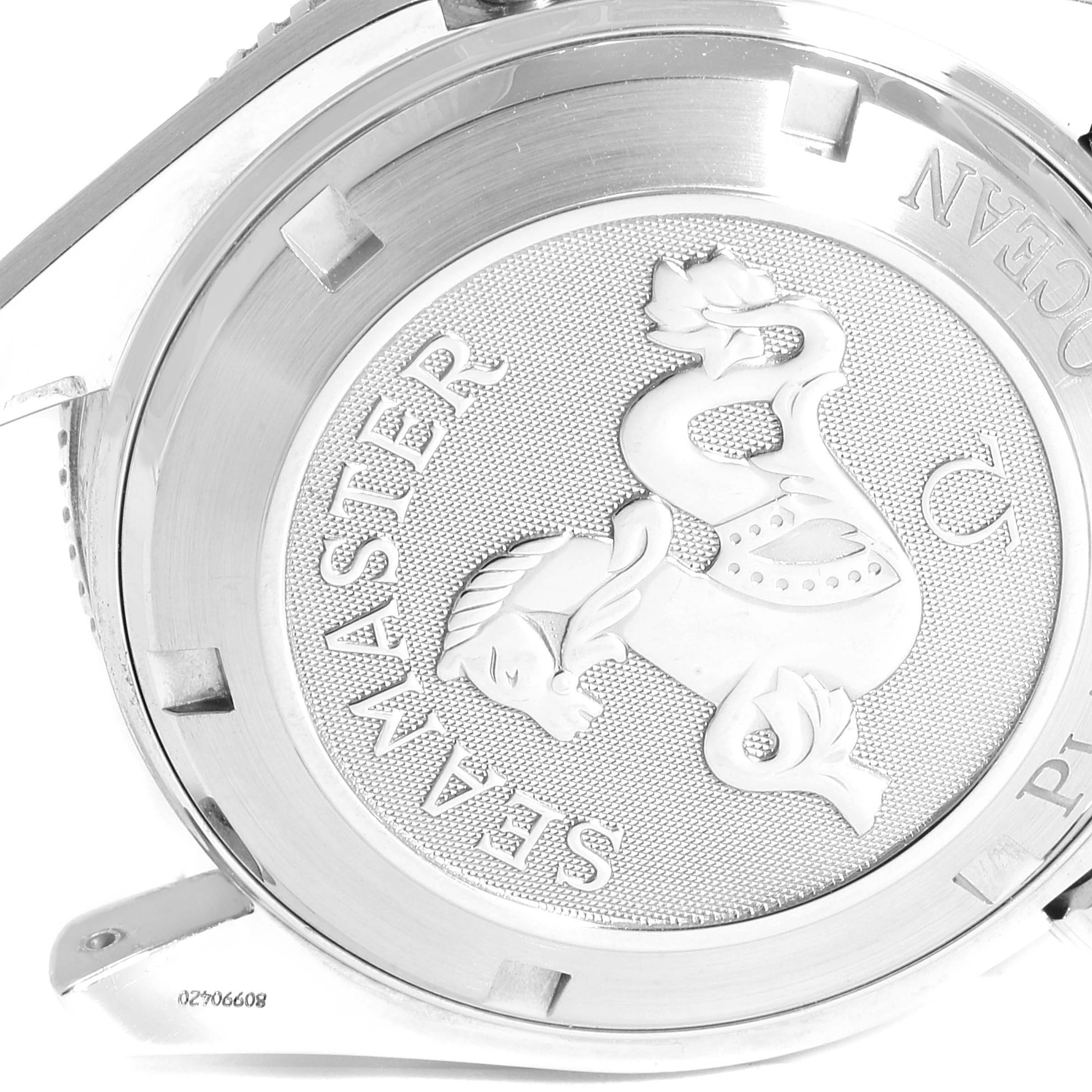 This image shows the case back of an Omega Planet Ocean 2201.50.00 Men
s Stainless Steel Black Dial 2201.50.00 Men
s Stainless Steel Black Dial watch with the Seamaster logo and engraved text.