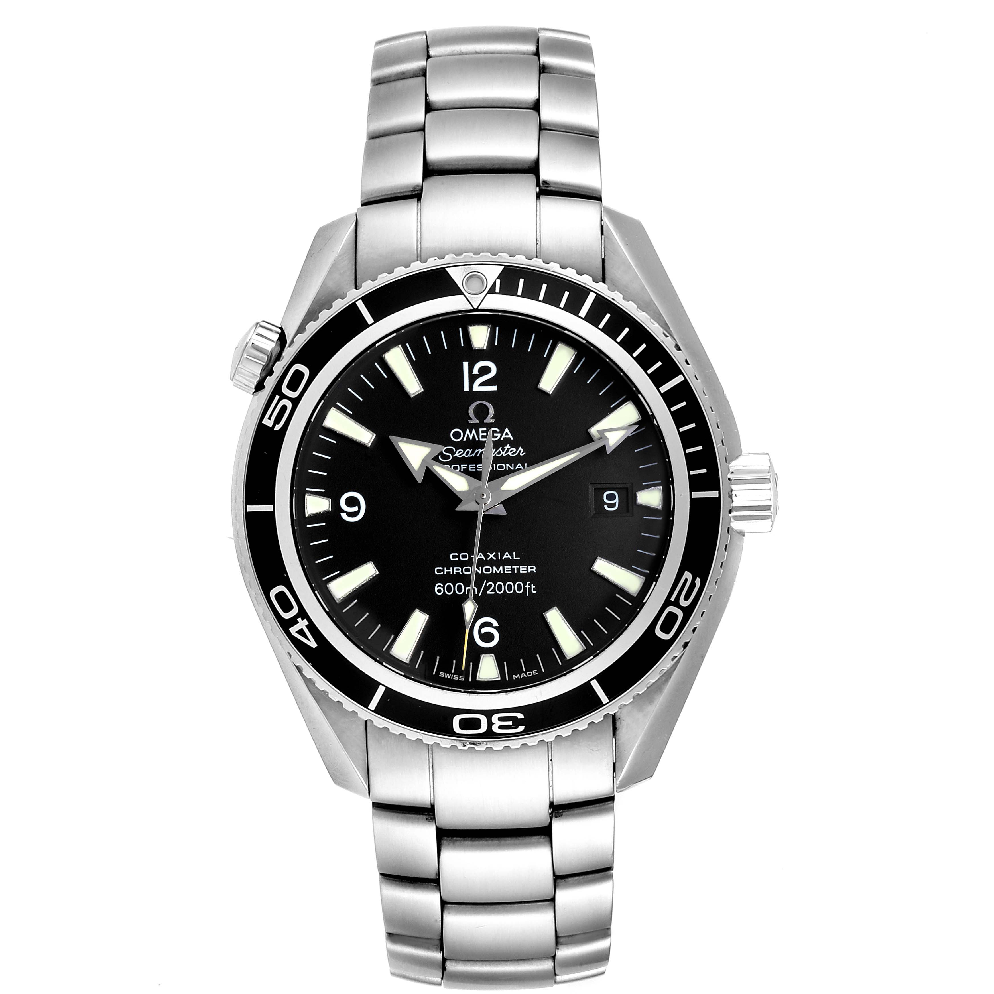 The image shows a front view of the Omega Planet Ocean 2201.50.00 Men
s Stainless Steel Black Dial 2201.50.00 Men
s Stainless Steel Black Dial watch, highlighting its dial, bezel, case, and stainless steel bracelet.
