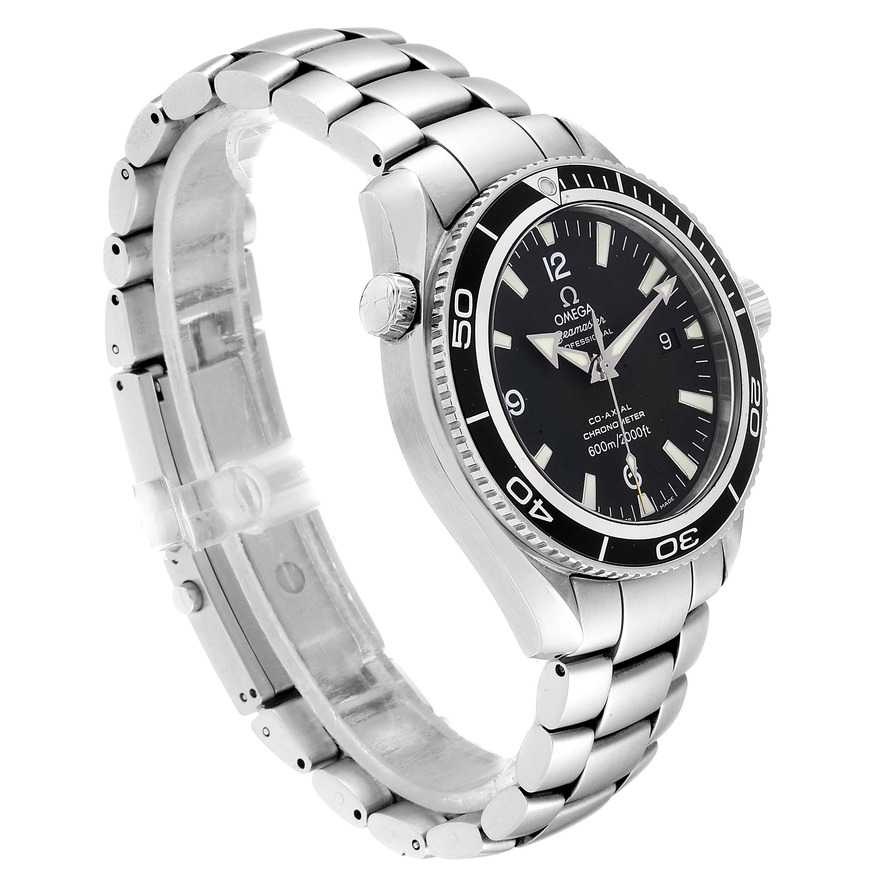 The Omega Planet Ocean 2201.50.00 Men
s Stainless Steel Black Dial 2201.50.00 Men
s Stainless Steel Black Dial watch is shown angled to the left, featuring the face, bezel, crown, and metal bracelet.