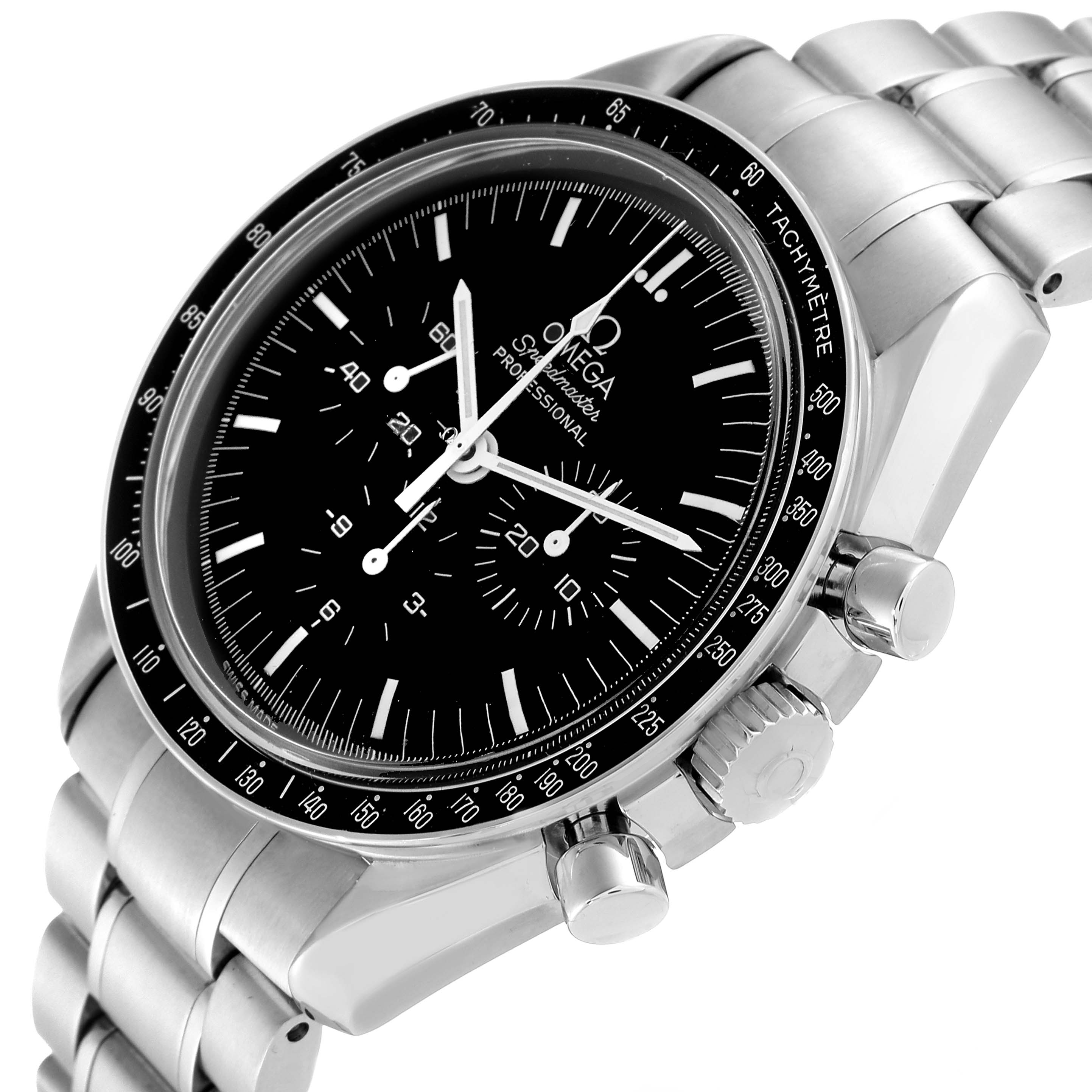 The image shows an Omega Speedmaster 3560.50.00 Men's Stainless Steel Black Dial 3560.50.00 Men's Stainless Steel Black Dial watch at a slight angle, highlighting the face, bezel, crown, pushers, and part of the bracelet.