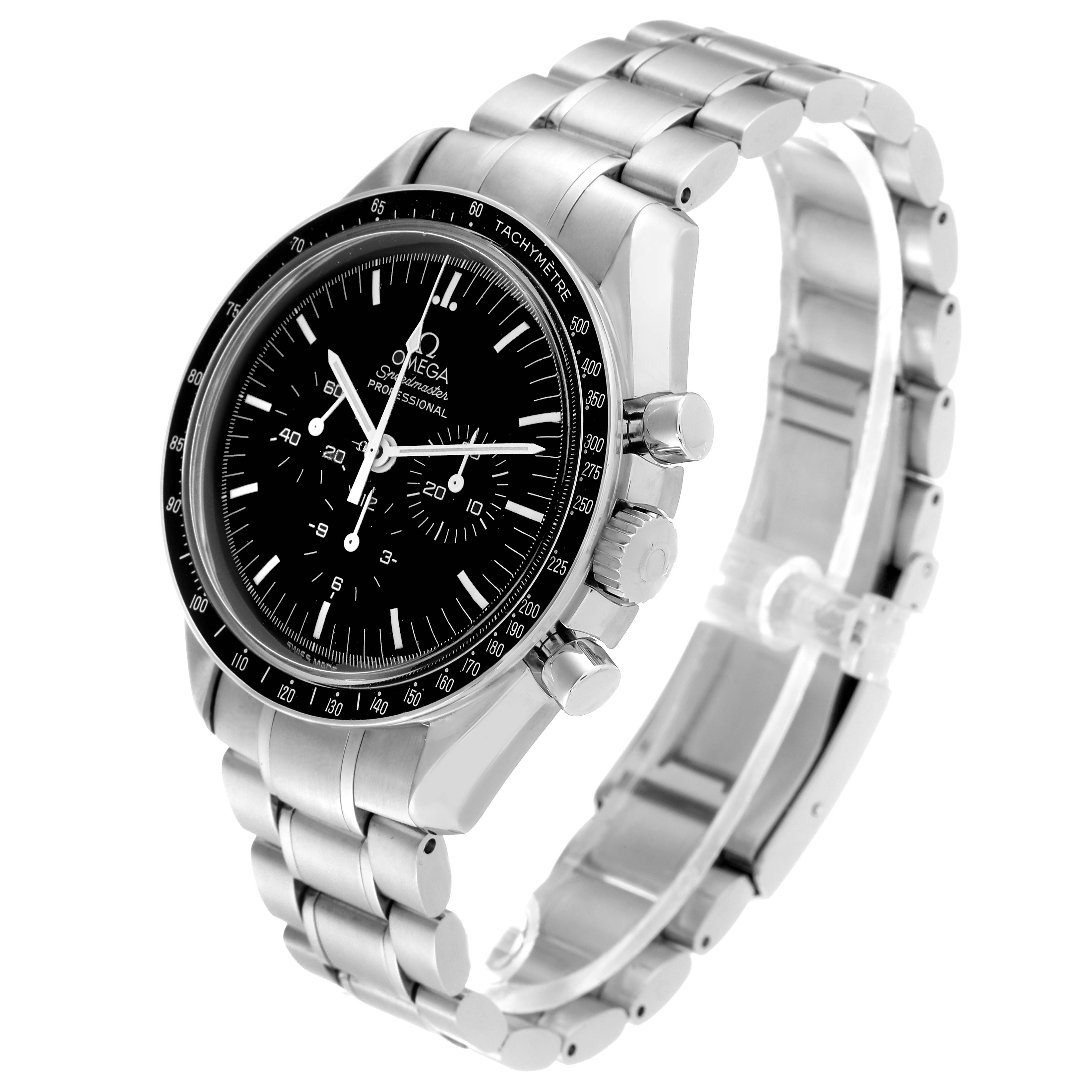 The image shows a side angle of an Omega Speedmaster 3560.50.00 Men's Stainless Steel Black Dial 3560.50.00 Men's Stainless Steel Black Dial watch, highlighting its stainless steel band and chronograph dial.