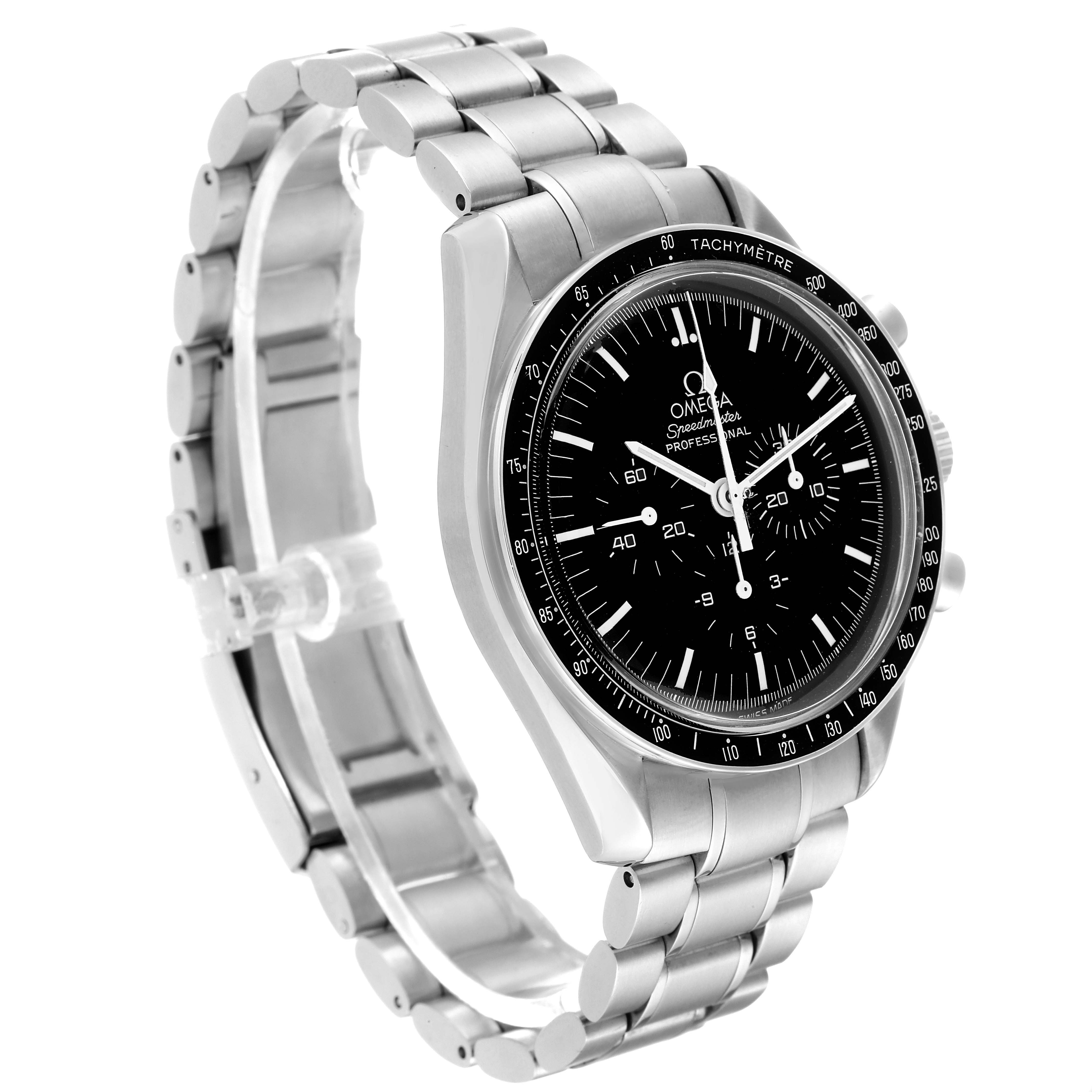 The Omega Speedmaster 3560.50.00 Men's Stainless Steel Black Dial 3560.50.00 Men's Stainless Steel Black Dial watch is shown at a three-quarter angle, displaying the face, bezel, and stainless steel bracelet.