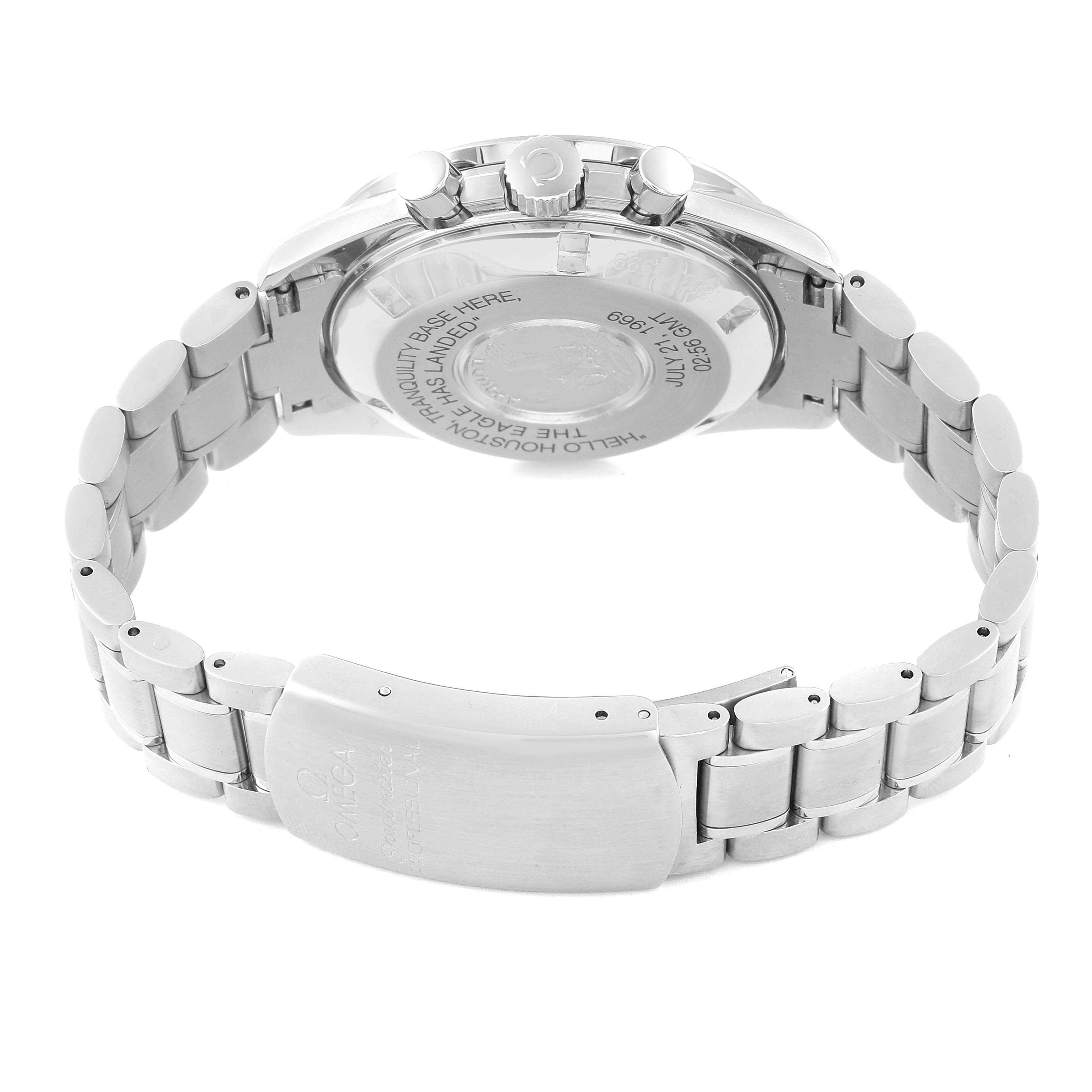 This is the back view of the Omega Speedmaster 3560.50.00 Men's Stainless Steel Black Dial 3560.50.00 Men's Stainless Steel Black Dial watch showing the case back, bracelet, and clasp.