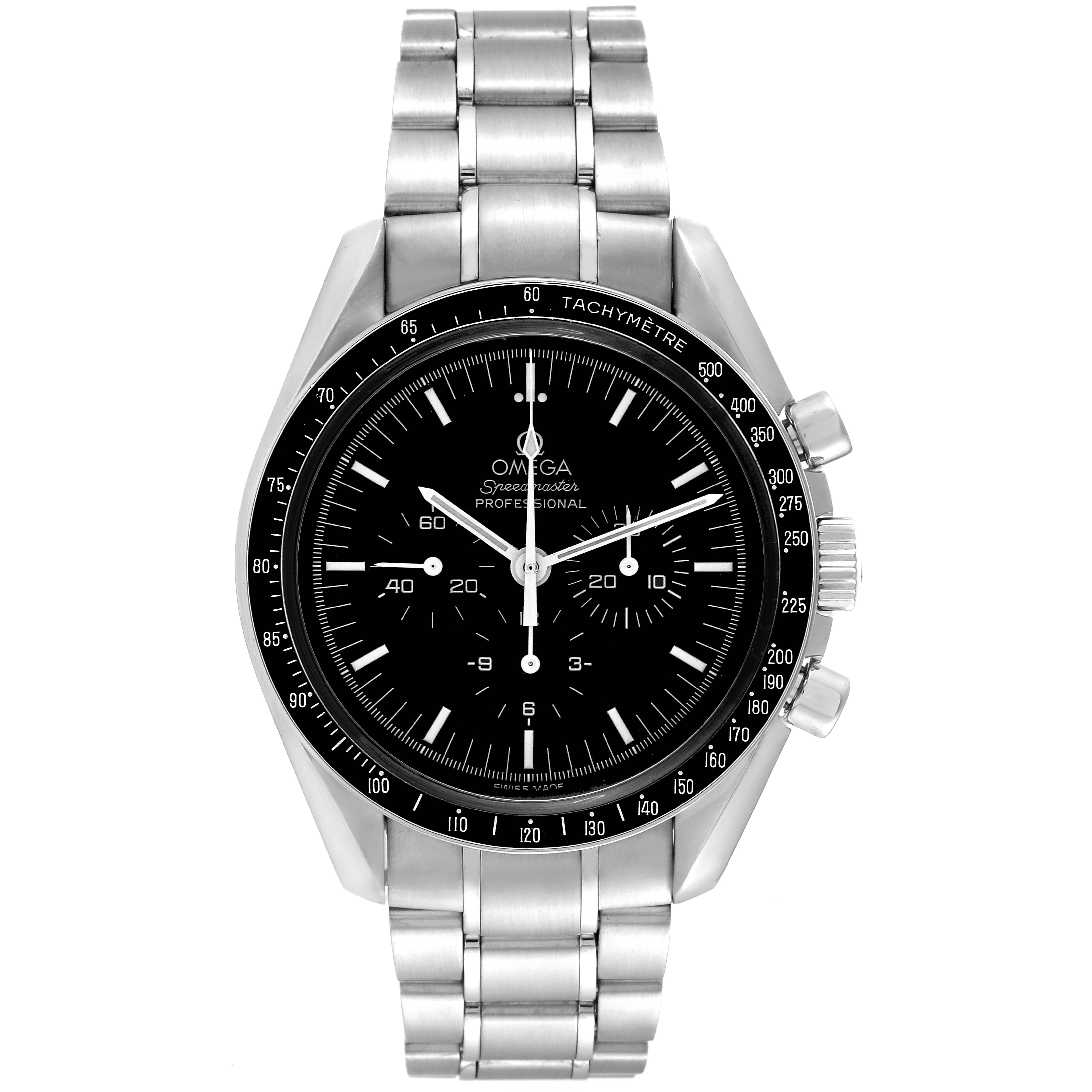 The image shows a front view of an Omega Speedmaster 3560.50.00 Men's Stainless Steel Black Dial 3560.50.00 Men's Stainless Steel Black Dial watch, highlighting its dial, bezel, chronograph, and metal bracelet.