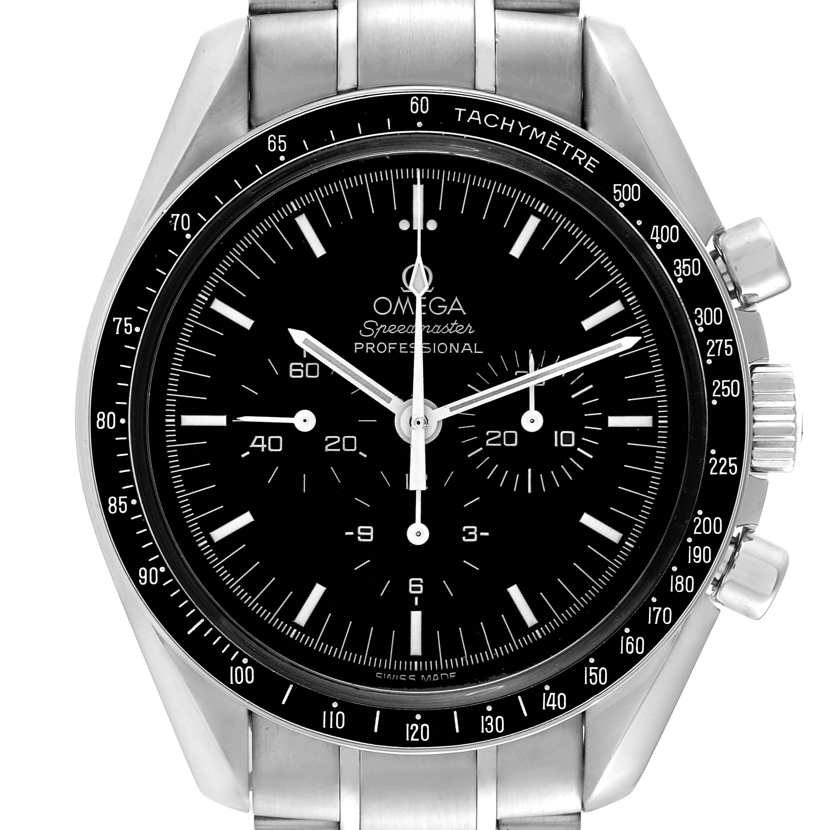 The image shows a front view of an Omega Speedmaster 3560.50.00 Men's Stainless Steel Black Dial 3560.50.00 Men's Stainless Steel Black Dial Professional watch, highlighting the dial, bezel, and crown.