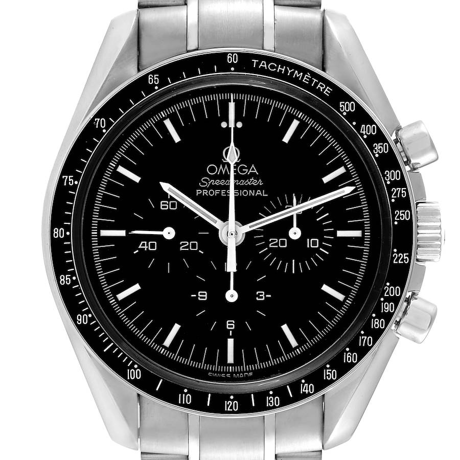 The image shows a front view of an Omega Speedmaster Professional watch, highlighting the dial, bezel, and crown.