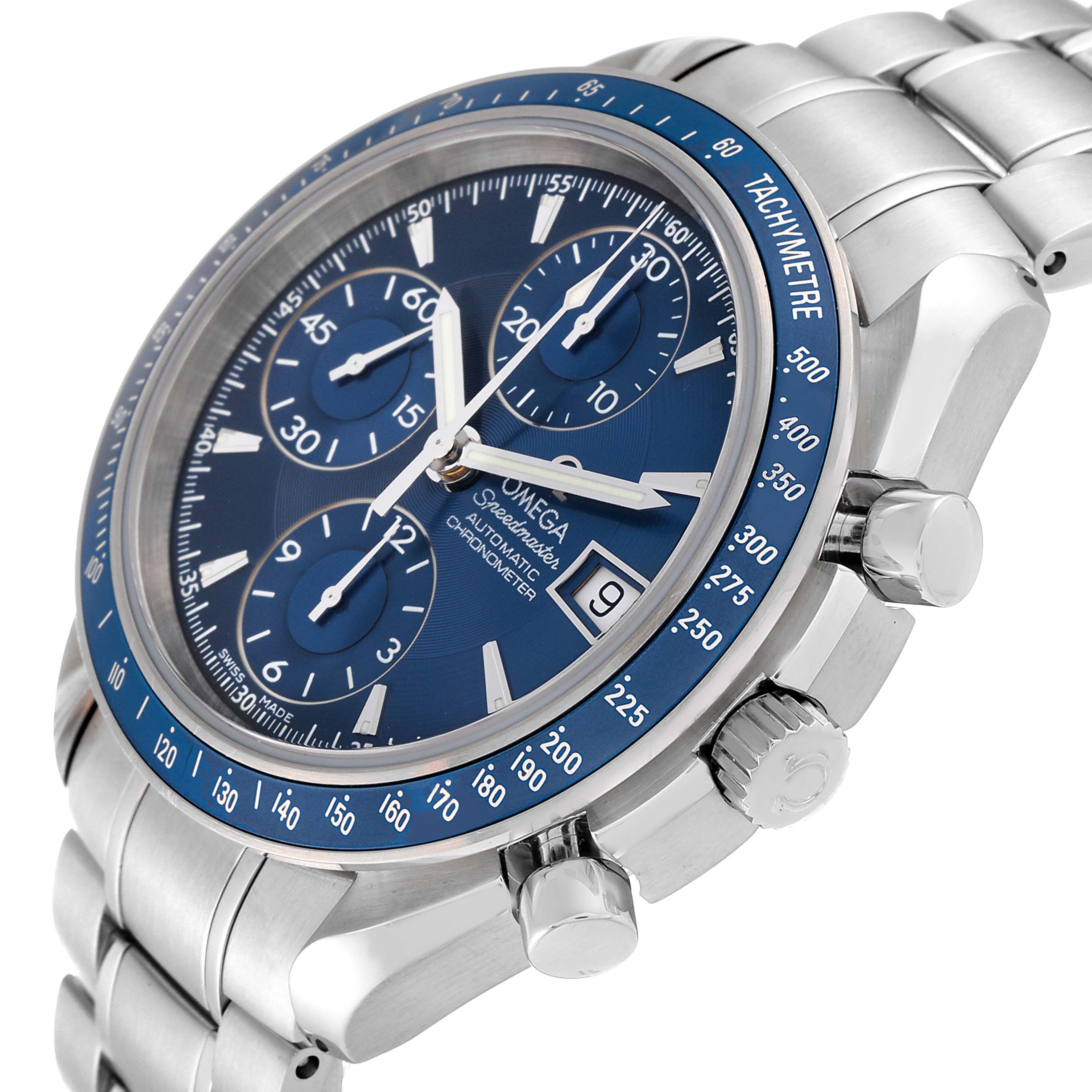 The image shows a close-up side angle of an Omega Speedmaster 3212.80.00 Men
s Stainless Steel Blue Dial 3212.80.00 Men
s Stainless Steel Blue Dial watch, displaying its blue dial, chronograph subdials, and tachymeter bezel.