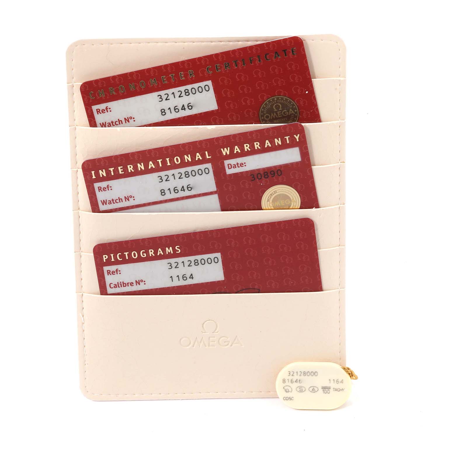 The image shows Omega Speedmaster 3212.80.00 Men
s Stainless Steel Blue Dial 3212.80.00 Men
s Stainless Steel Blue Dial documentation including a chronometer certificate, international warranty, and pictograms.