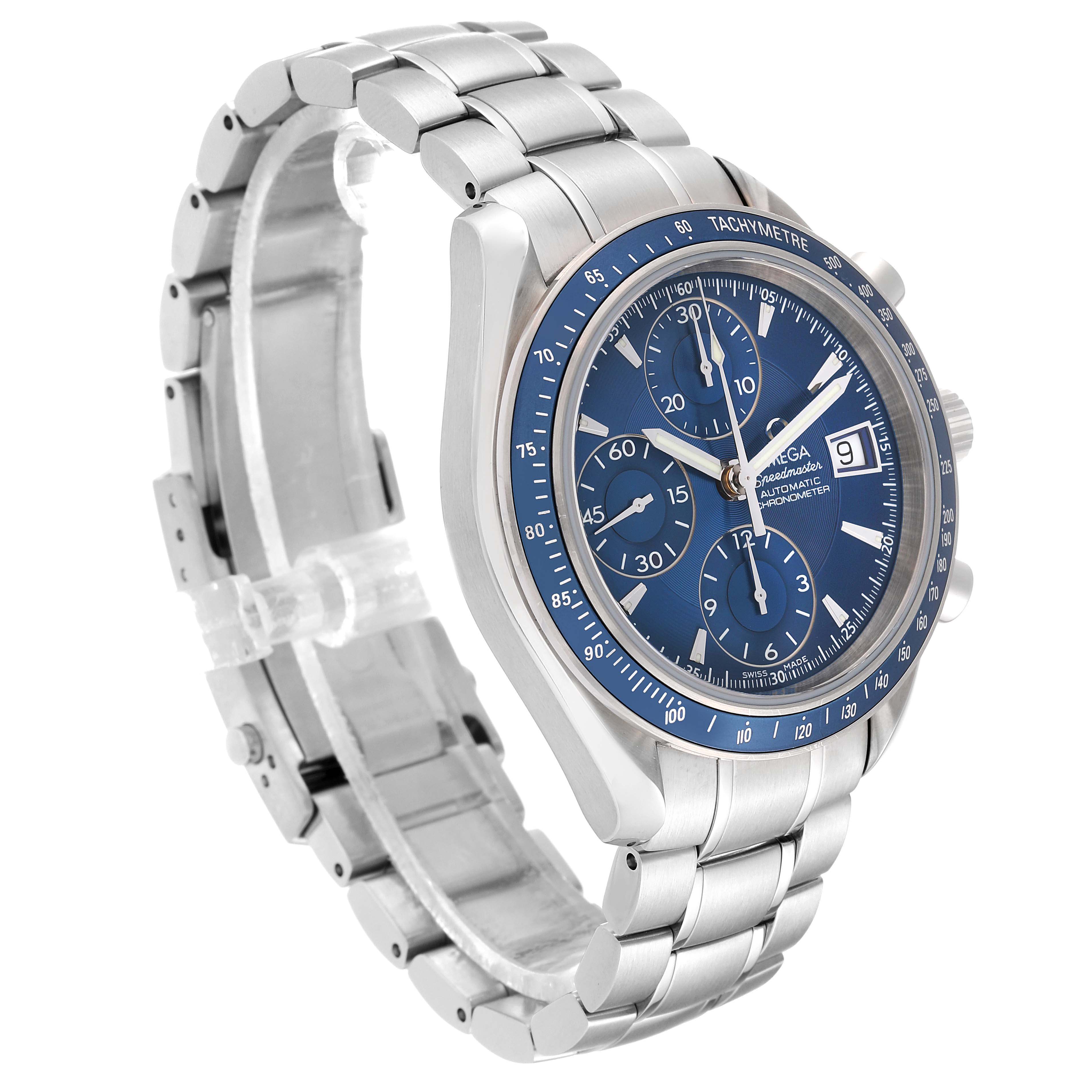 The image shows an Omega Speedmaster 3212.80.00 Men
s Stainless Steel Blue Dial 3212.80.00 Men
s Stainless Steel Blue Dial watch at a slight angle, highlighting its metal bracelet, blue dial, chronograph sub-dials, and tachymeter bezel.