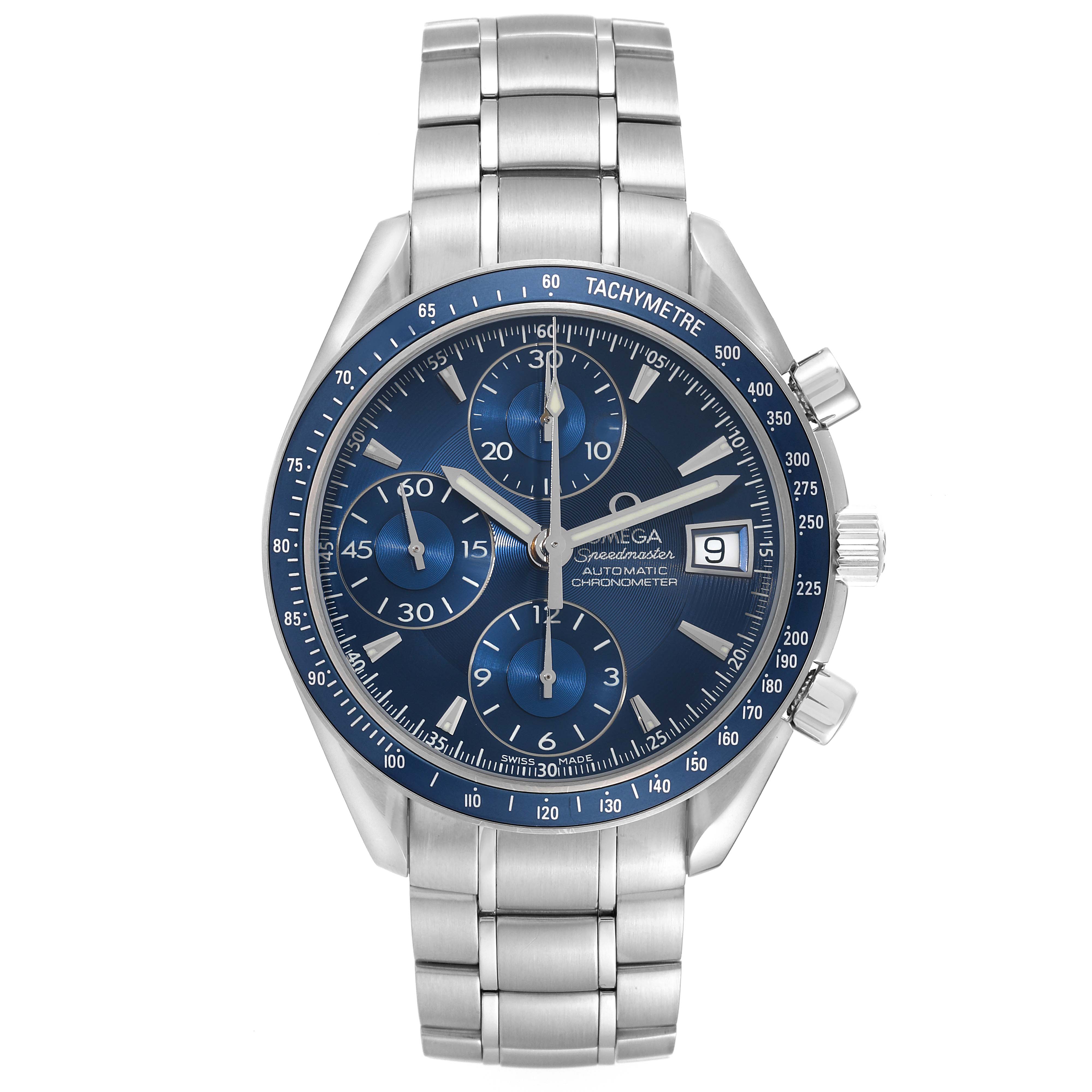 This image shows a front view of an Omega Speedmaster 3212.80.00 Men
s Stainless Steel Blue Dial 3212.80.00 Men
s Stainless Steel Blue Dial watch with a blue dial and silver metal bracelet.