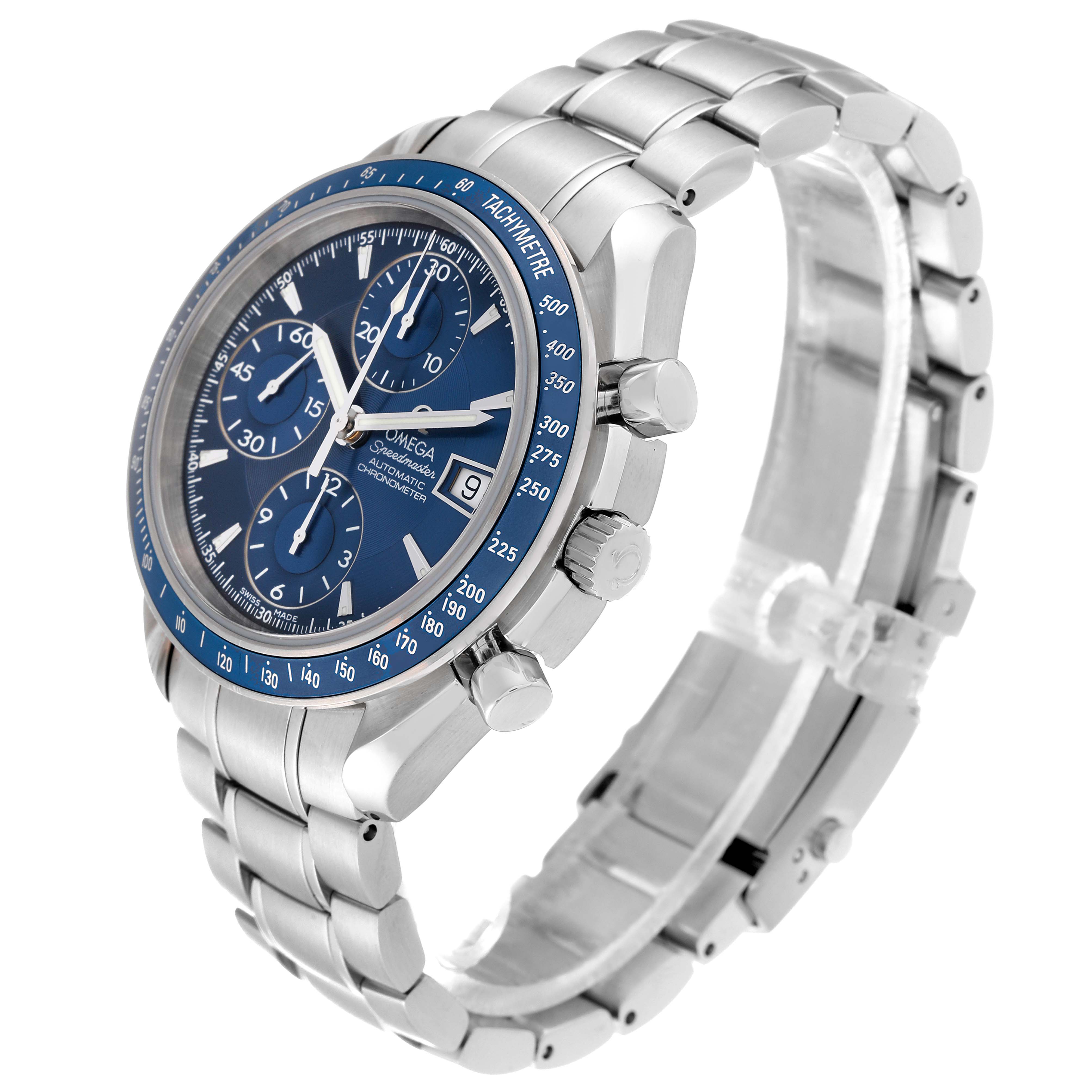 The Omega Speedmaster 3212.80.00 Men
s Stainless Steel Blue Dial 3212.80.00 Men
s Stainless Steel Blue Dial watch is shown at a three-quarter angle, highlighting the bezel, dial, crown, and bracelet.