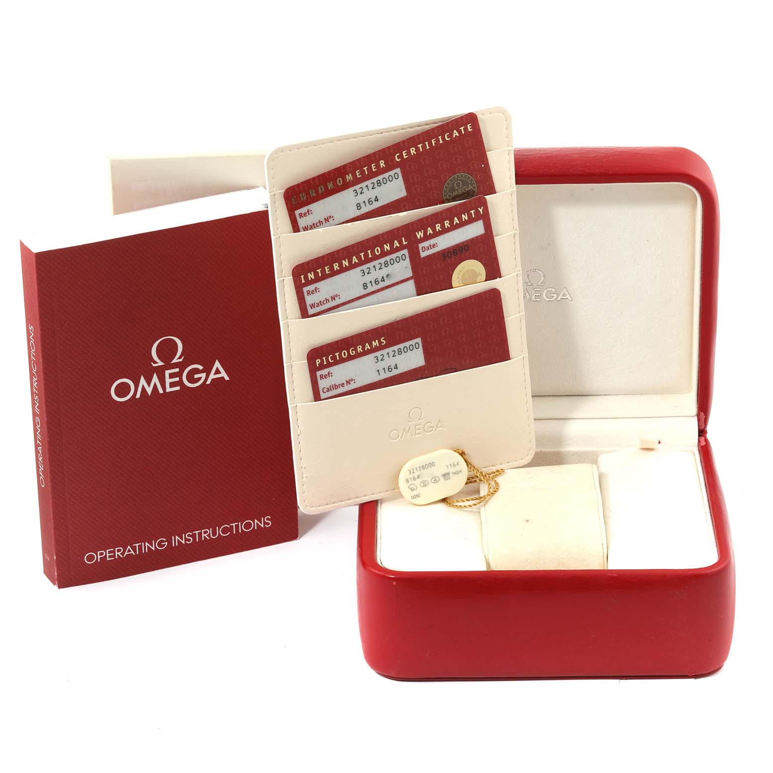 This image shows the packaging, operating instructions, cards, and the box for an Omega Speedmaster 3212.80.00 Men
s Stainless Steel Blue Dial 3212.80.00 Men
s Stainless Steel Blue Dial watch.