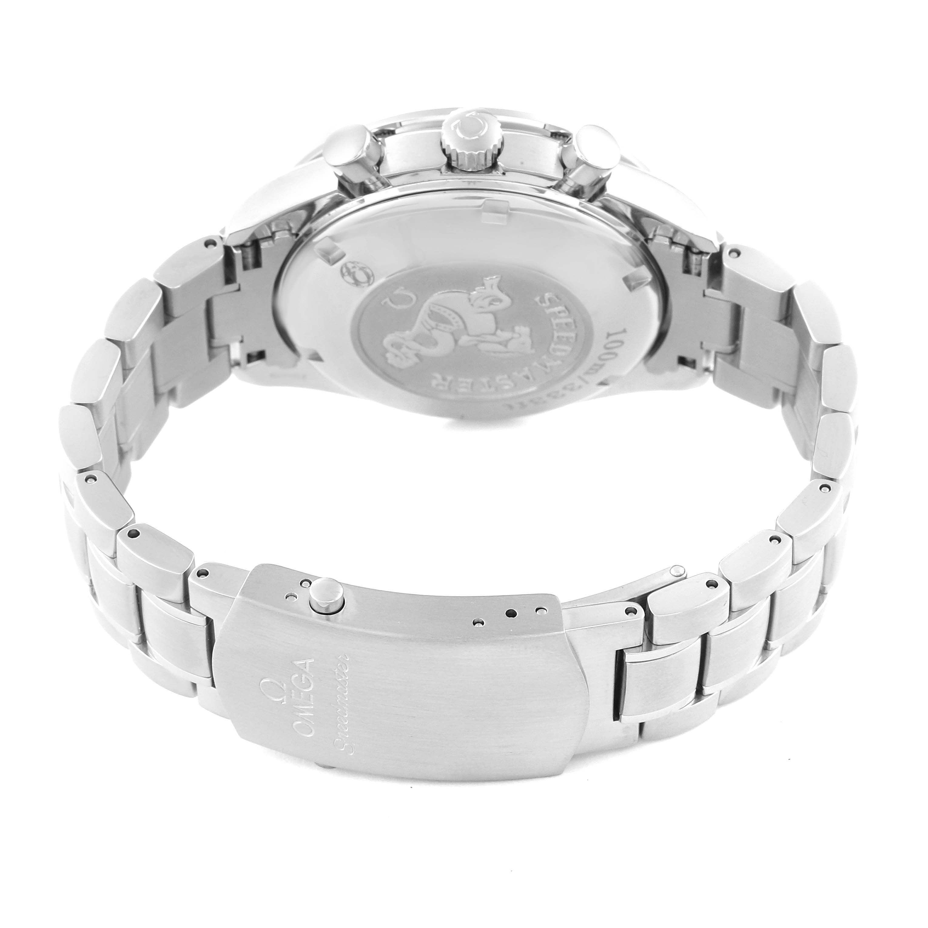 The image shows the back and clasp of an Omega Speedmaster 3212.80.00 Men
s Stainless Steel Blue Dial 3212.80.00 Men
s Stainless Steel Blue Dial watch, focusing on the bracelet and case back.