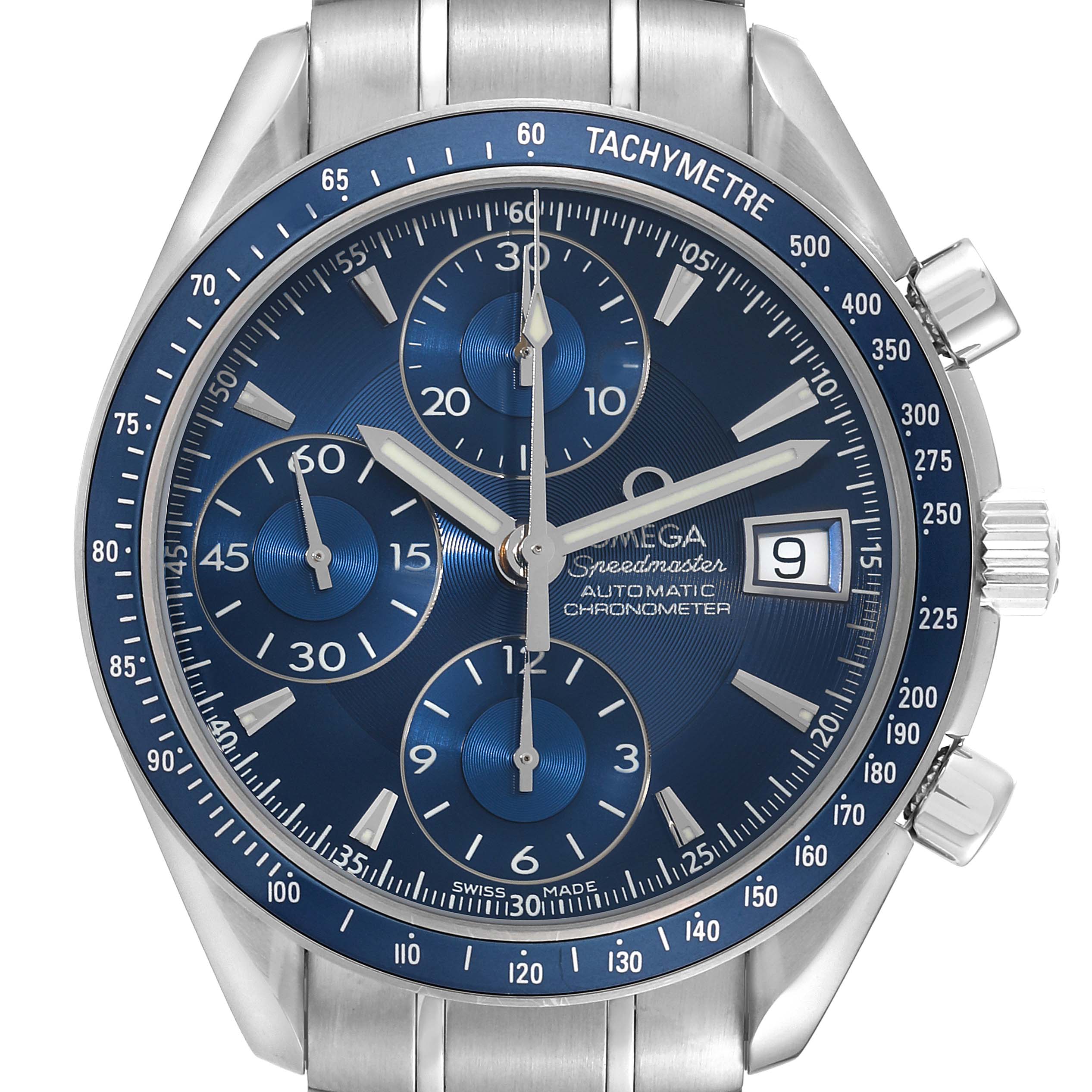 This image shows a front view of an Omega Speedmaster 3212.80.00 Men
s Stainless Steel Blue Dial 3212.80.00 Men
s Stainless Steel Blue Dial watch, displaying the dial, bezel, and date window.